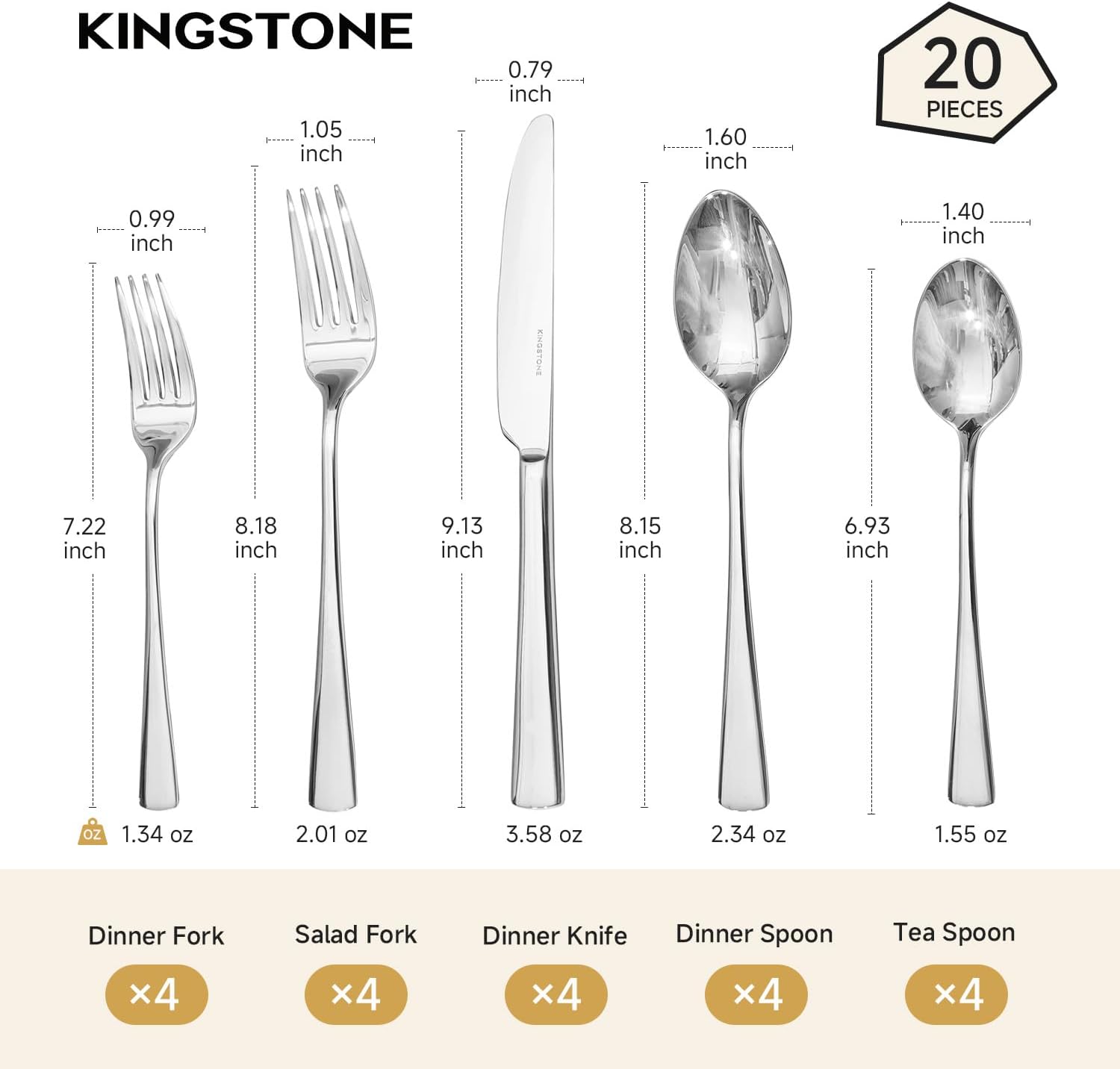 KINGSTONE 18/10 Stainless Steel Flatware, 20-Piece Forged Silverware Set for 4, Mirror Polished Cutlery Set Dishwaher Safe for Home, Restaurant, Wedding, Party - Image 2