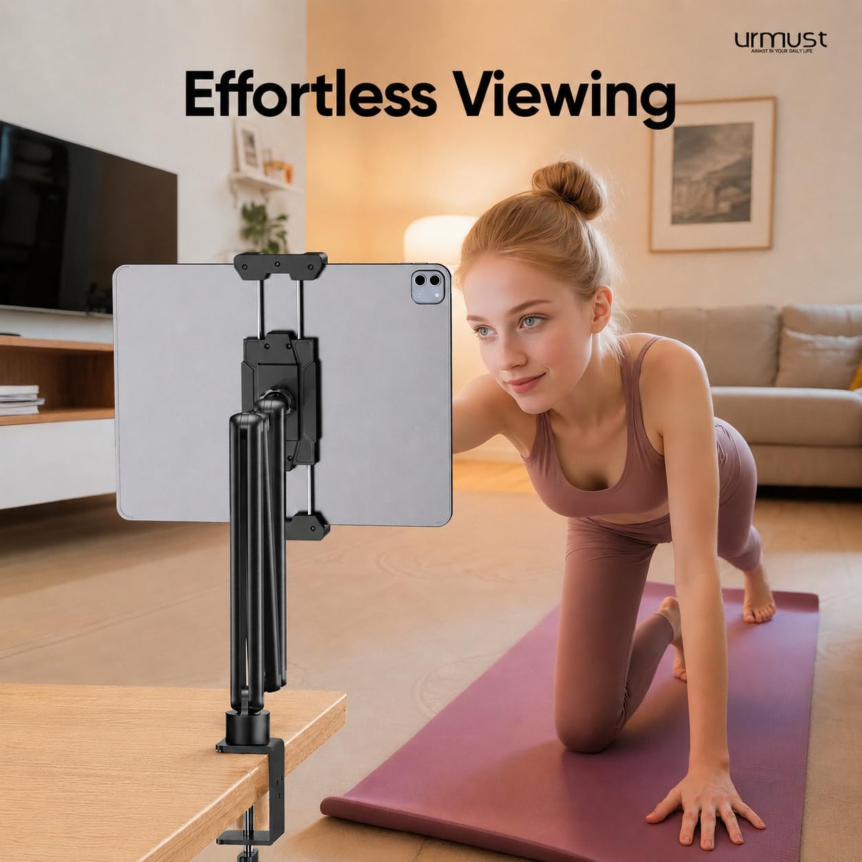 Urmust Tablet Stand for Desk, Adjustable iPad Holder for Bed, 360° Rotation, Sturdy Aluminum Tablet Arm Mount for 4.7"-15.6" iPad Pro/Air/Mini, iPhone, Galaxy Tab, for Kitchen, Work, Video Call - Image 3