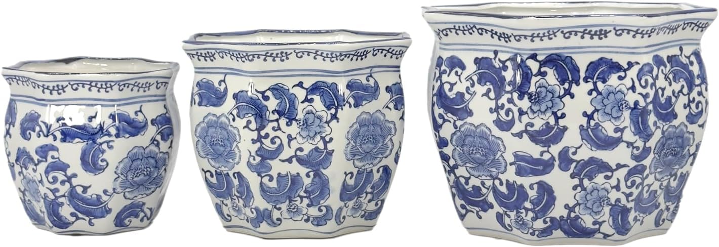 Galt International Blue & White Round Fluted Classic Floral Porcelain Ceramic Plant Flower Planter Pot Set of 3 (7.5", 10", 13") Garden Pots Chinese Asian Design - Image 5