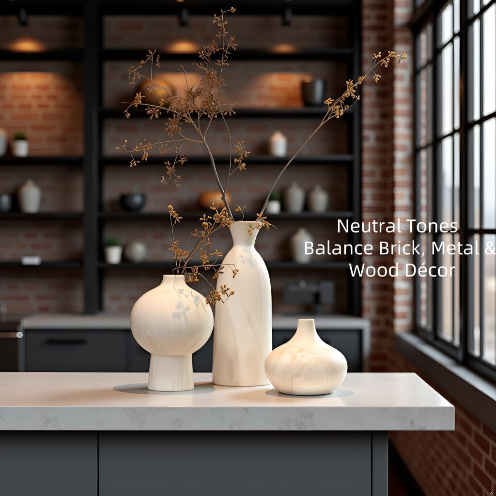 White Ceramic Vase Set of 3 in Beige, Modern Aesthetic Stone-Look Textured Pottery Vases for Shelf & Bookshelf Home Decor, Neutral Minimalist Decorative Vases for Flowers & Pampas Grass - Image 9