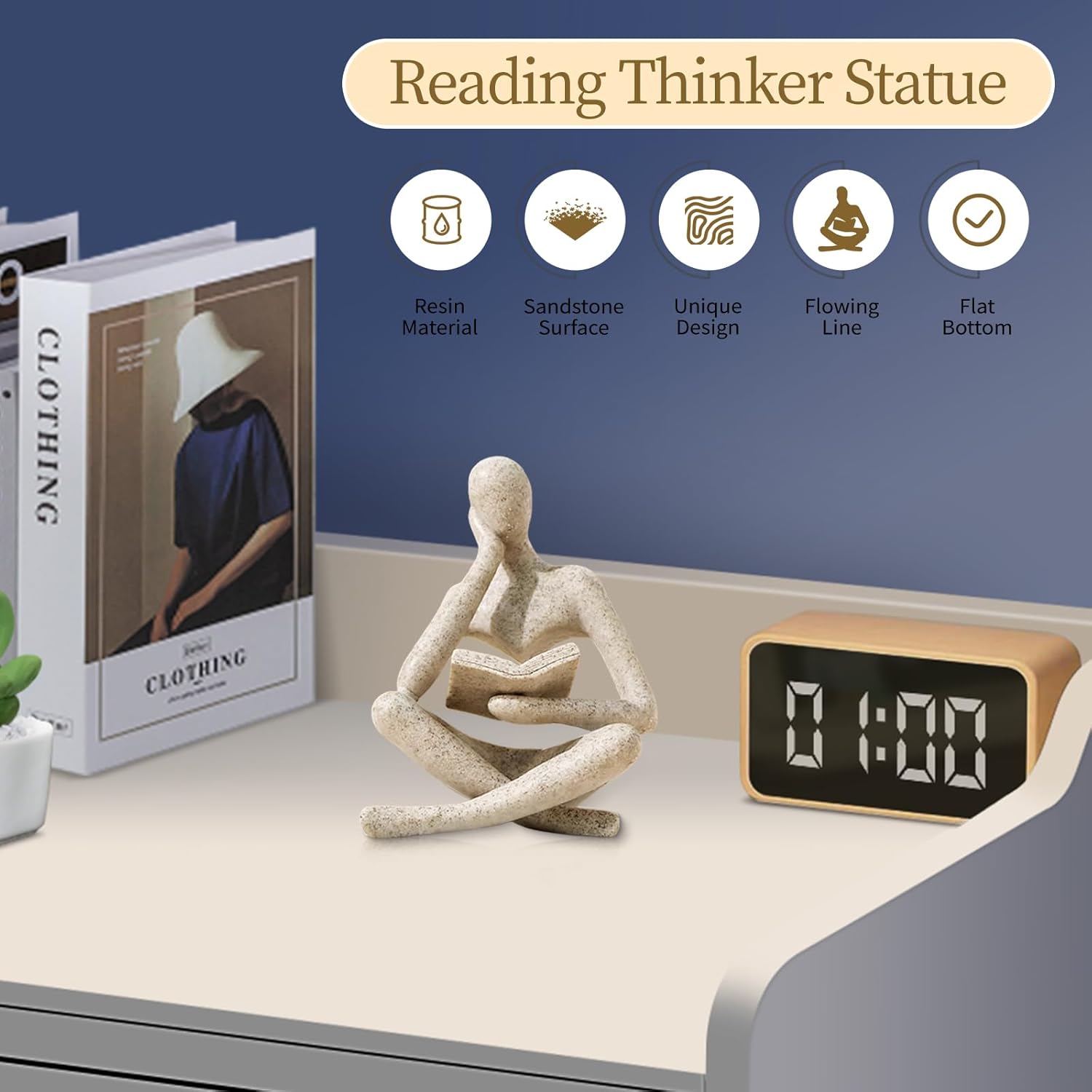 UTTCMK Bookshelf Decor Thinker Statue - Abstract Art Reading Thinker Sculpture Figurine Aesthetic, Modern Home Decoration for Living Room Office Shelves Coffee Table Desk Decor(Beige) - Image 3