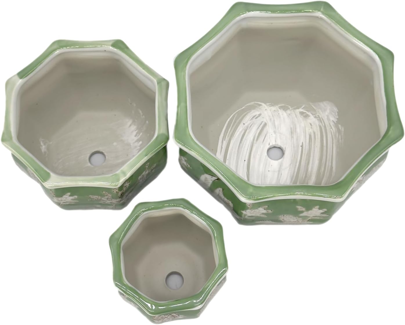 Galt International Green & White Floral Porcelain Ceramic Decorative Flower Pot 8"/6"/4.5" Garden Pots Chinese Asian Design - Set of 3 Green Fluted - Image 7