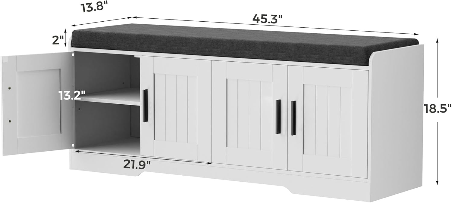 Homleke 2-Tier Storage Bench, Shoe Bench with Thickened Padded Seat Cushion, Entryway Bench with 4 Doors, Adjustable Shelf, 13.8" D x 45.3" W x 18.5" H, for Entryway, Living Room, Bedroom, White - Image 2