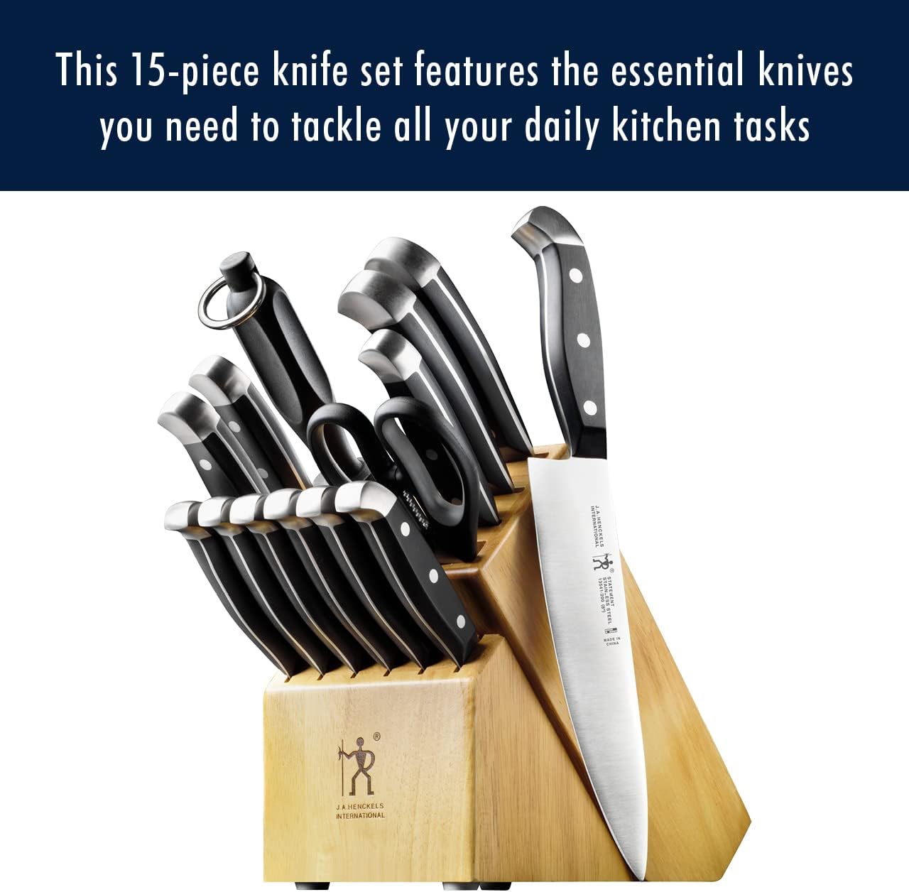 HENCKELS Statement Premium Quality 15-Piece Knife Block Set, Natural, Razor-Sharp, German Engineered Informed by 100+ Years of Mastery, Lightweight and Strong, Dishwasher Safe - Image 3