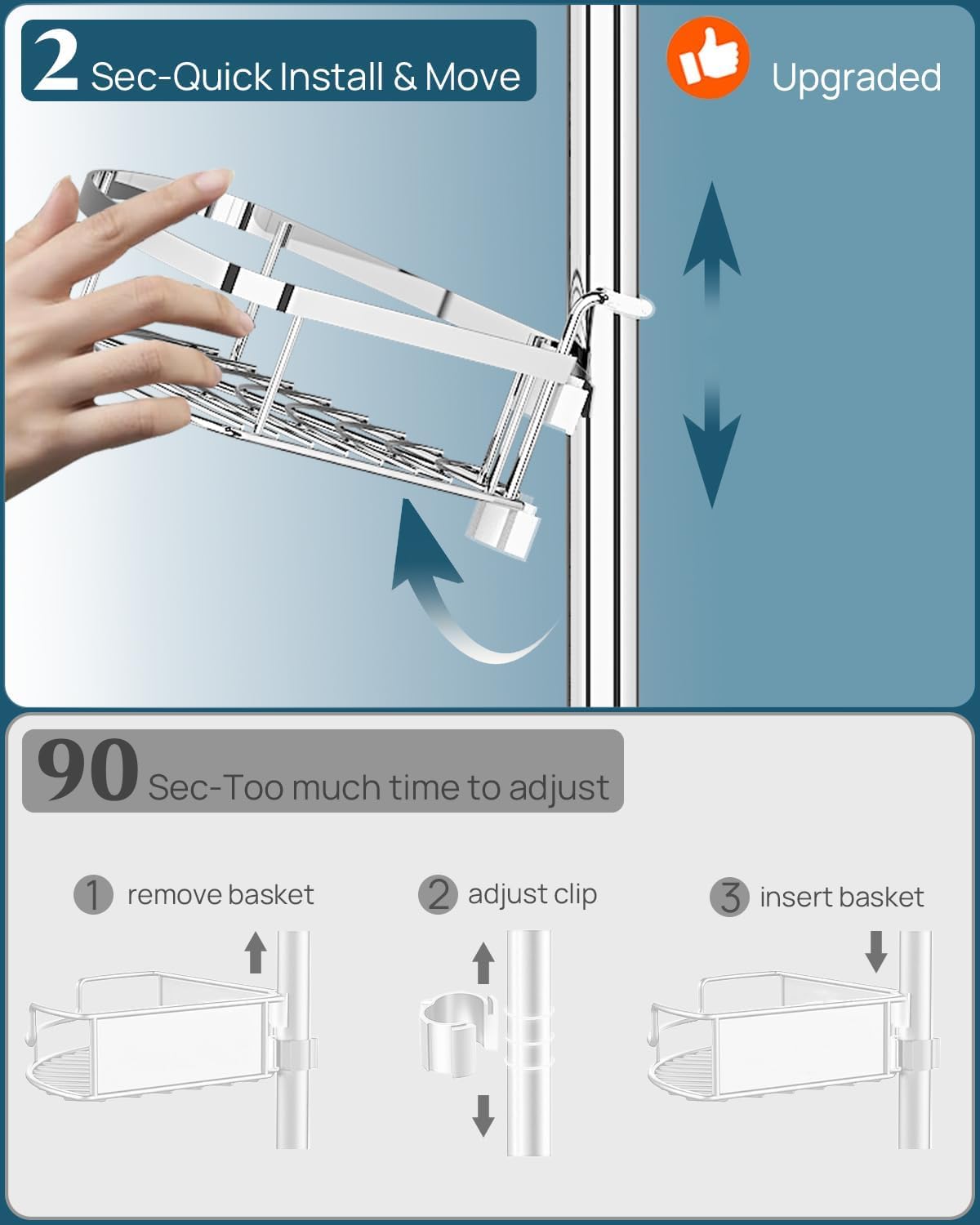 SEIRIONE Rustproof Shower Corner Caddy Organizer for Bathroom, 4 Adjustable Shelves with Tension Pole, for Bathtub Shampoo Accessories Storage Holder, 34 to 116 Inch Height, Silver - Image 6