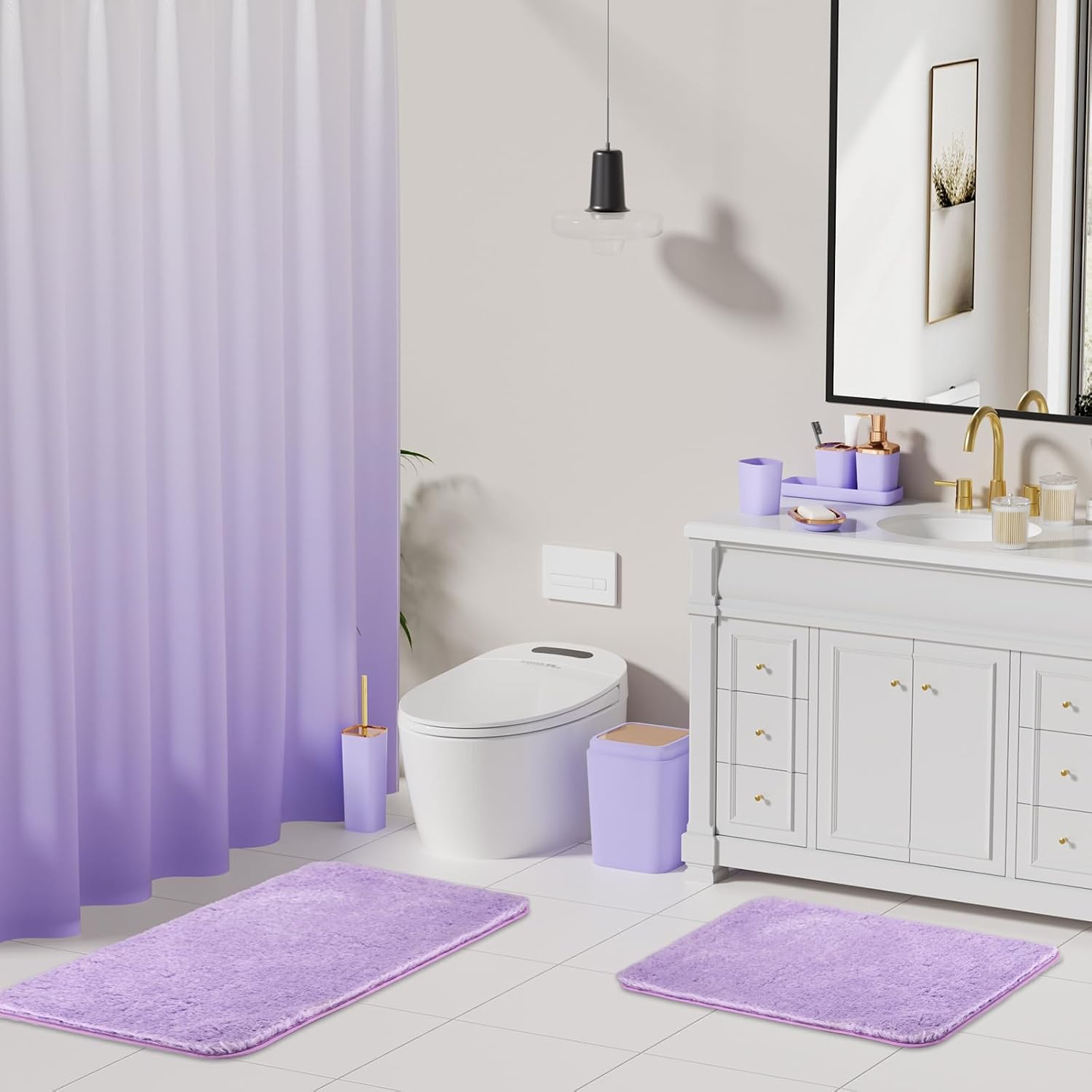 XLHOMO Bathroom Accessory Set–Bathroom Sets with Shower Curtain and Rugs, Non Slip Bathroom Rugs Super Absorbent, Light Purple Ombre Shower Curtain with Hooks, Lavender Bathroom Sets Complete for Home - Image 2