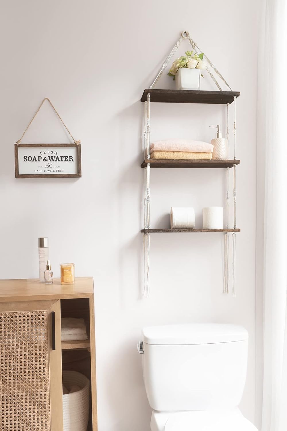 Mkono Macrame Wall Hanging Shelf 3 Tier Wood Floating Shelves with Cute Woven Rope Boho Room Decor Display Photos Plant Hanging Storage Shelves for Bathroom, Bedroom, Living Room, Nursery - Image 2
