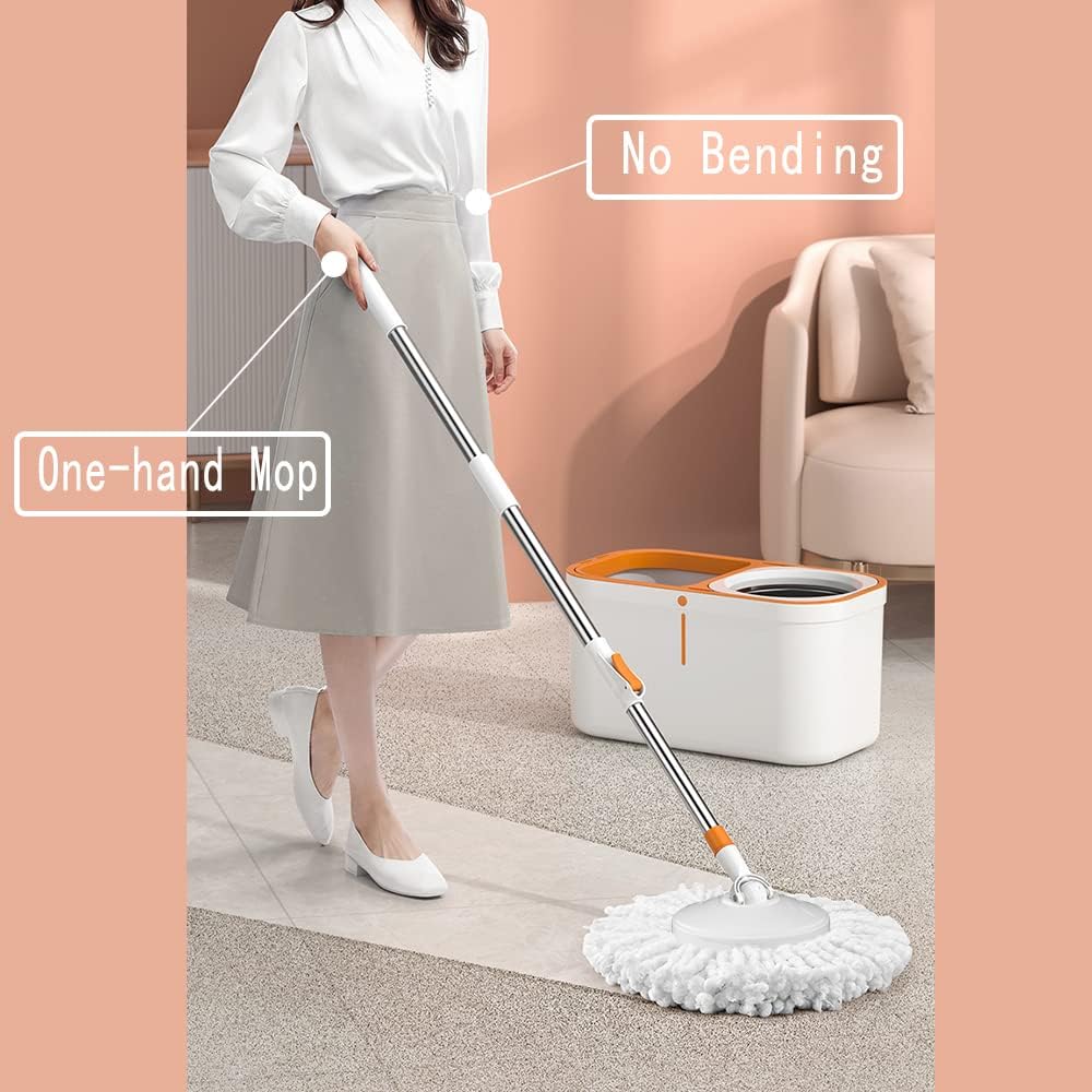 Floor Spin Mop and Bucket Set with Wringer System Extended Stainless Steel Handle 61"for Home Floor Cleaning Use with 5 Replacement Head Refill and 1 Cleaning Brush Head - Image 3