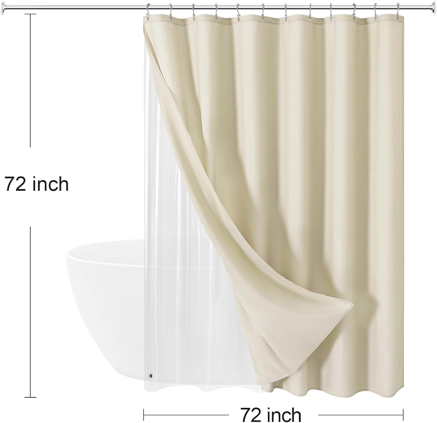 MitoVilla 3 in 1 Shower Curtain Set, Neutral Modern Slub Textured Fabric Shower Curtain and Clear PEVA Liner Set with 12 Double Sided Steel Hooks, Waterproof Fabric Hotel Bathroom Curtain-72x72 - Image 7