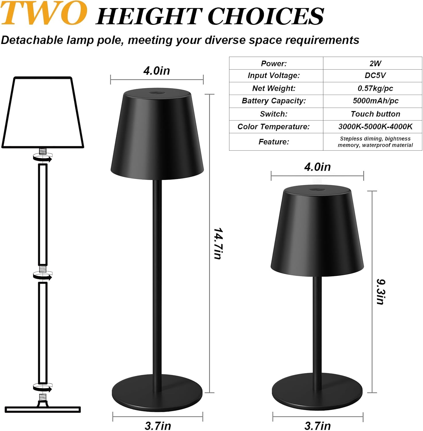 Kakanuo Cordless Table Lamp Rechargeable Black - KK 2 Pack 5000mAH Battery Operated Lamp for Counter, 3 Color Stepless Dimming Wireless Lamp for Dining Kitchen, Outdoor Patio, Touch Control - Image 6