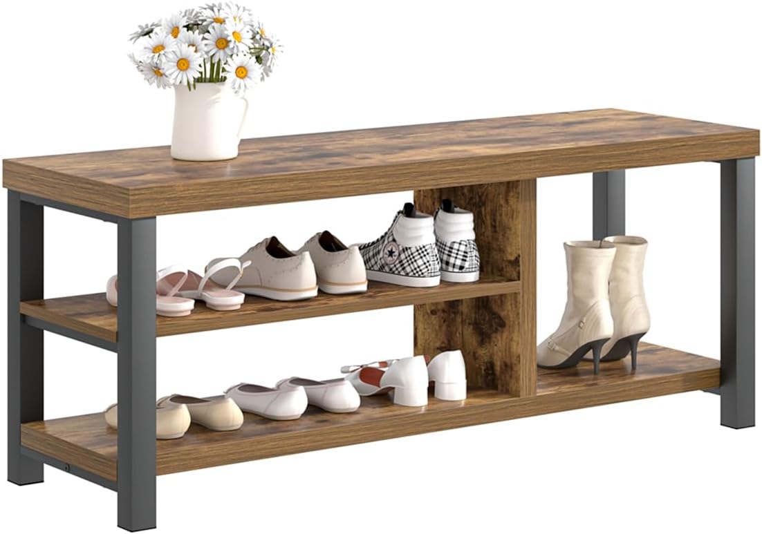 EXCEFUR Shoe Bench, Modern Wood Storage Bench for Entryway Hallway, Industrial Indoor Shoe Rack Bench Seat for Living Room Bedroom, 43.3 Inch Rustic Brown - Image 8