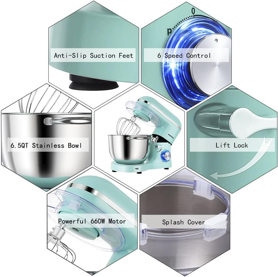Aucma Stand Mixer,6.5-QT 660W 6-Speed Tilt-Head Food Mixer, Kitchen Electric Mixer with Dough Hook, Wire Whip & Beater (Blue, 6.5QT) - Image 3