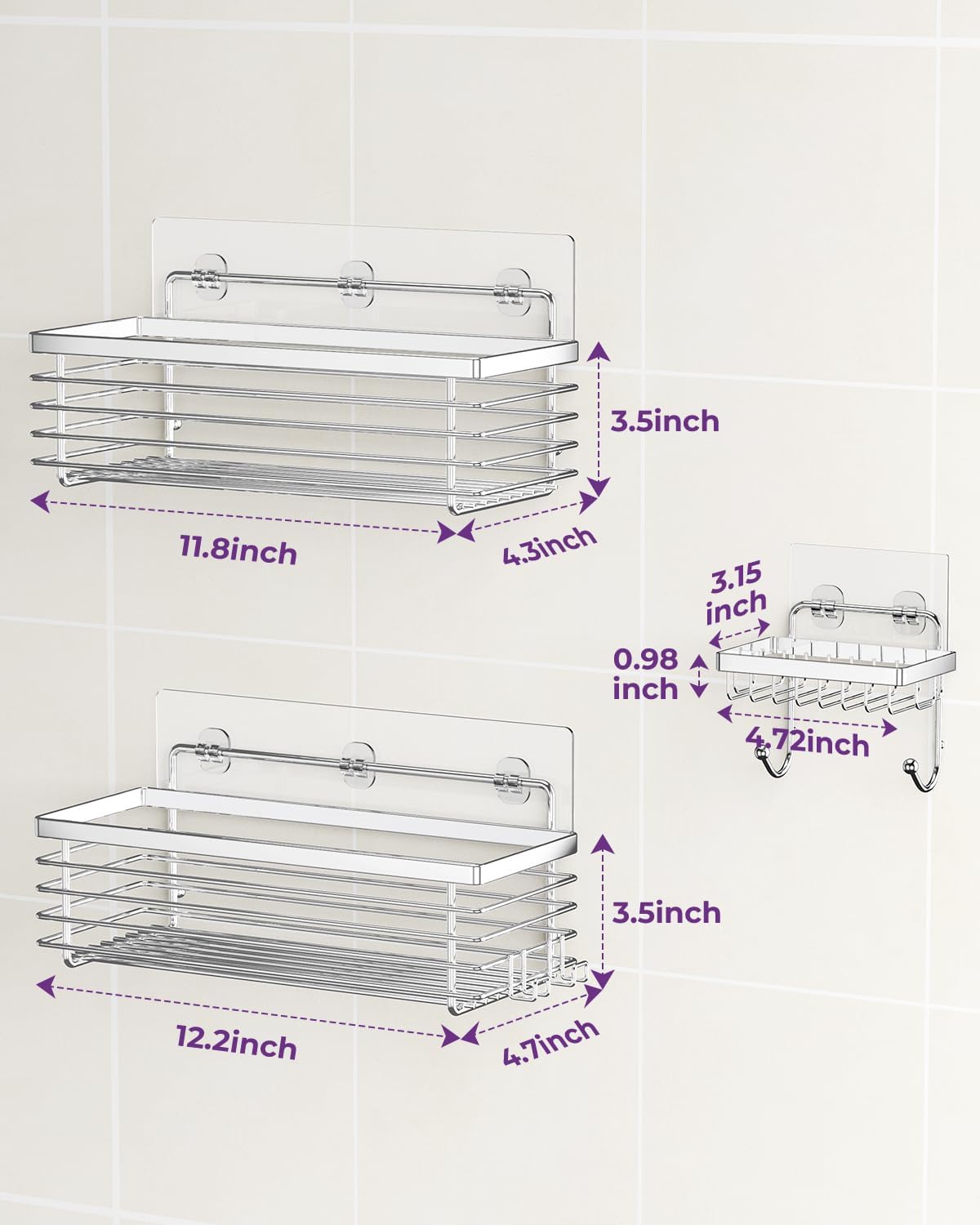 ODesign Shower Caddy 3 Pack SUS304 Stainless Steel-No Drilling-Shower Bathroom Shelves Rack,Rustproof Wall Mounted,Adhesive Shower Shelf Basket Organizer-Silver - Image 7