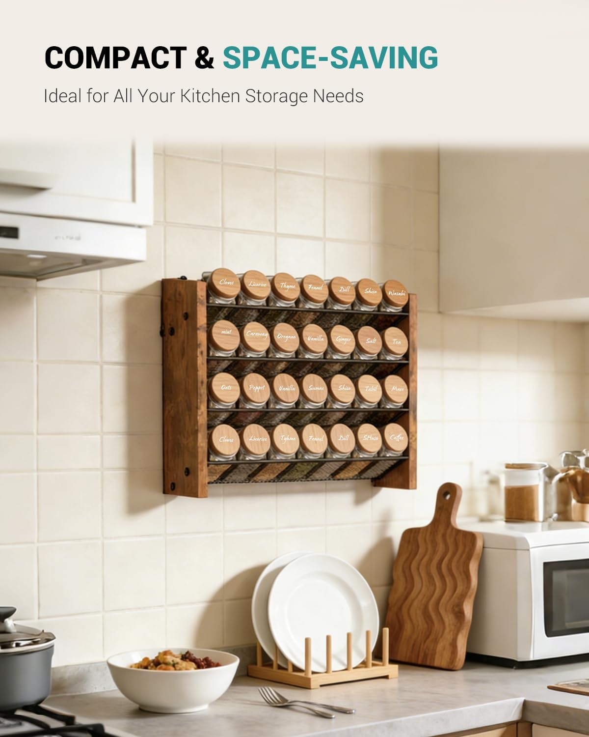NESAPTO Spice Rack Organizer for Cabinet, Wood 4-Tier Vertical Seasoning Organizer, Wall Mount or Countertop Spice Shelf, Holds 28 Jars (No Jars Included), 14" W x 9.4" H - Image 5
