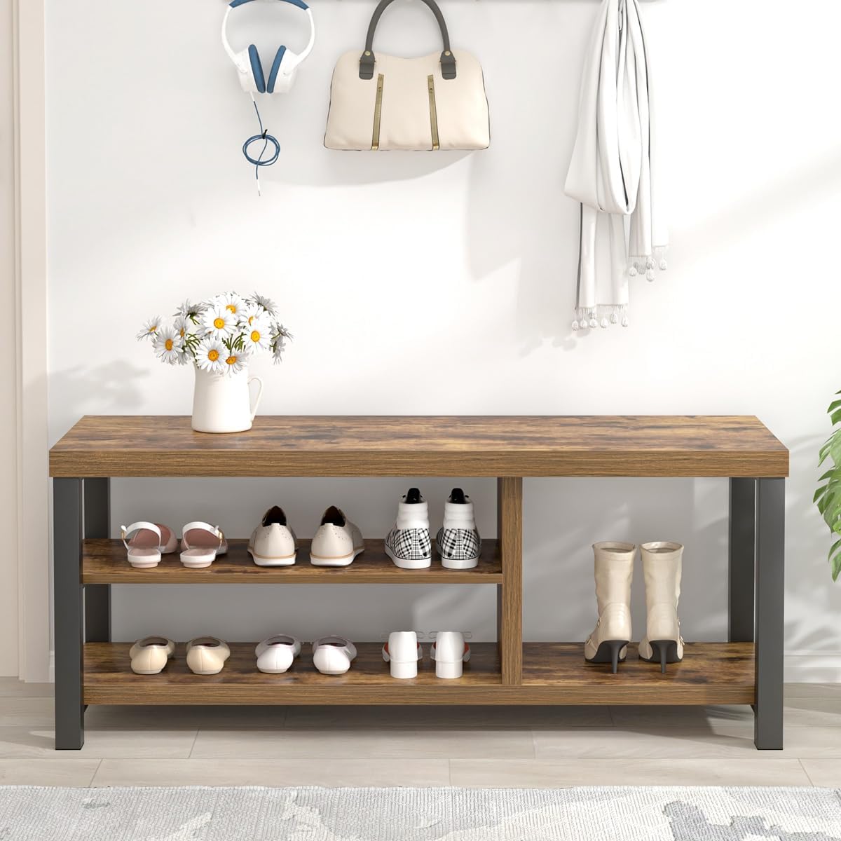 EXCEFUR Shoe Bench, Modern Wood Storage Bench for Entryway Hallway, Industrial Indoor Shoe Rack Bench Seat for Living Room Bedroom, 43.3 Inch Rustic Brown - Image 7