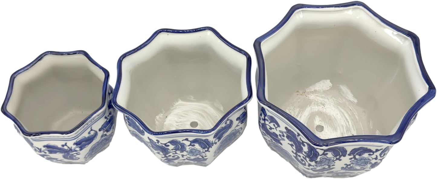 Galt International Blue & White Round Fluted Classic Floral Porcelain Ceramic Plant Flower Planter Pot Set of 3 (7.5", 10", 13") Garden Pots Chinese Asian Design - Image 7