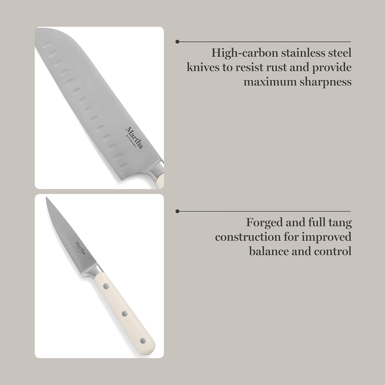 MARTHA STEWART Eastwalk 14 Piece High Carbon Stainless Steel Cutlery Kitchen Knife Block Set w/ABS Triple Riveted Forged Handle Acacia Wood Block - Linen White - Image 3
