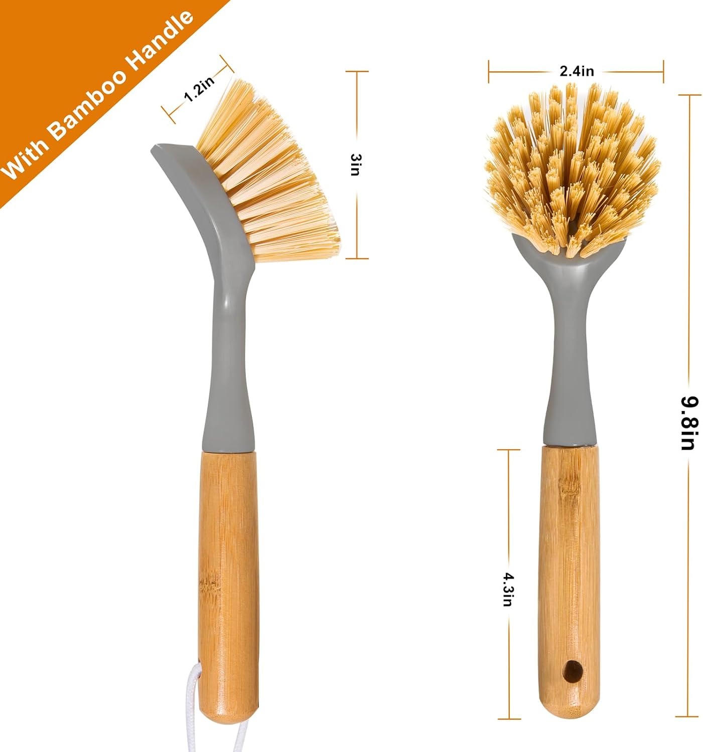 FunCee 2 Pack Kitchen Dish Brushes with Bamboo Handle, Dish Scrubber Built-in Scraper, Scrub Brush for Pans, Pots, Counter & Kitchen Sink Cleaning, Dishwashing and Cleaning Brush Tools, White - Image 4
