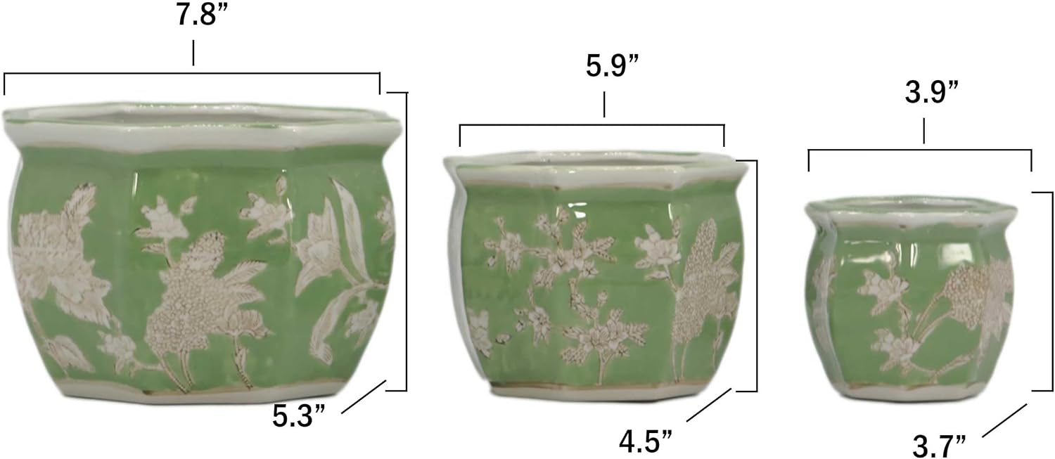 Galt International Green & White Floral Porcelain Ceramic Decorative Flower Pot 8"/6"/4.5" Garden Pots Chinese Asian Design - Set of 3 Green Fluted - Image 3