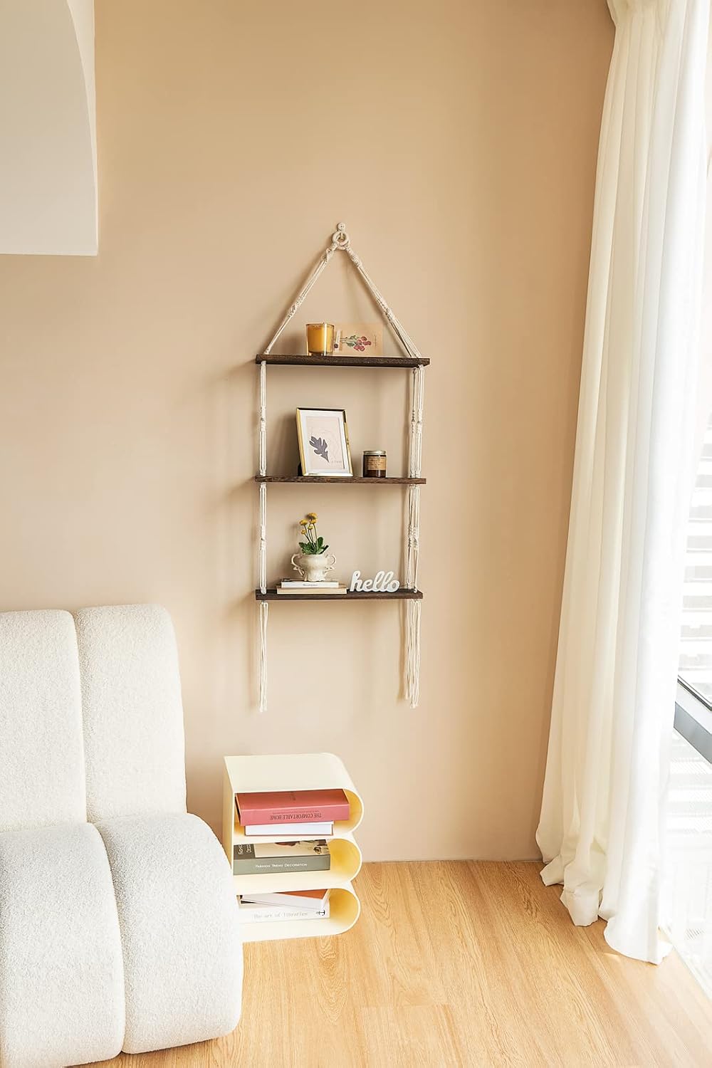 Mkono Macrame Wall Hanging Shelf 3 Tier Wood Floating Shelves with Cute Woven Rope Boho Room Decor Display Photos Plant Hanging Storage Shelves for Bathroom, Bedroom, Living Room, Nursery - Image 5