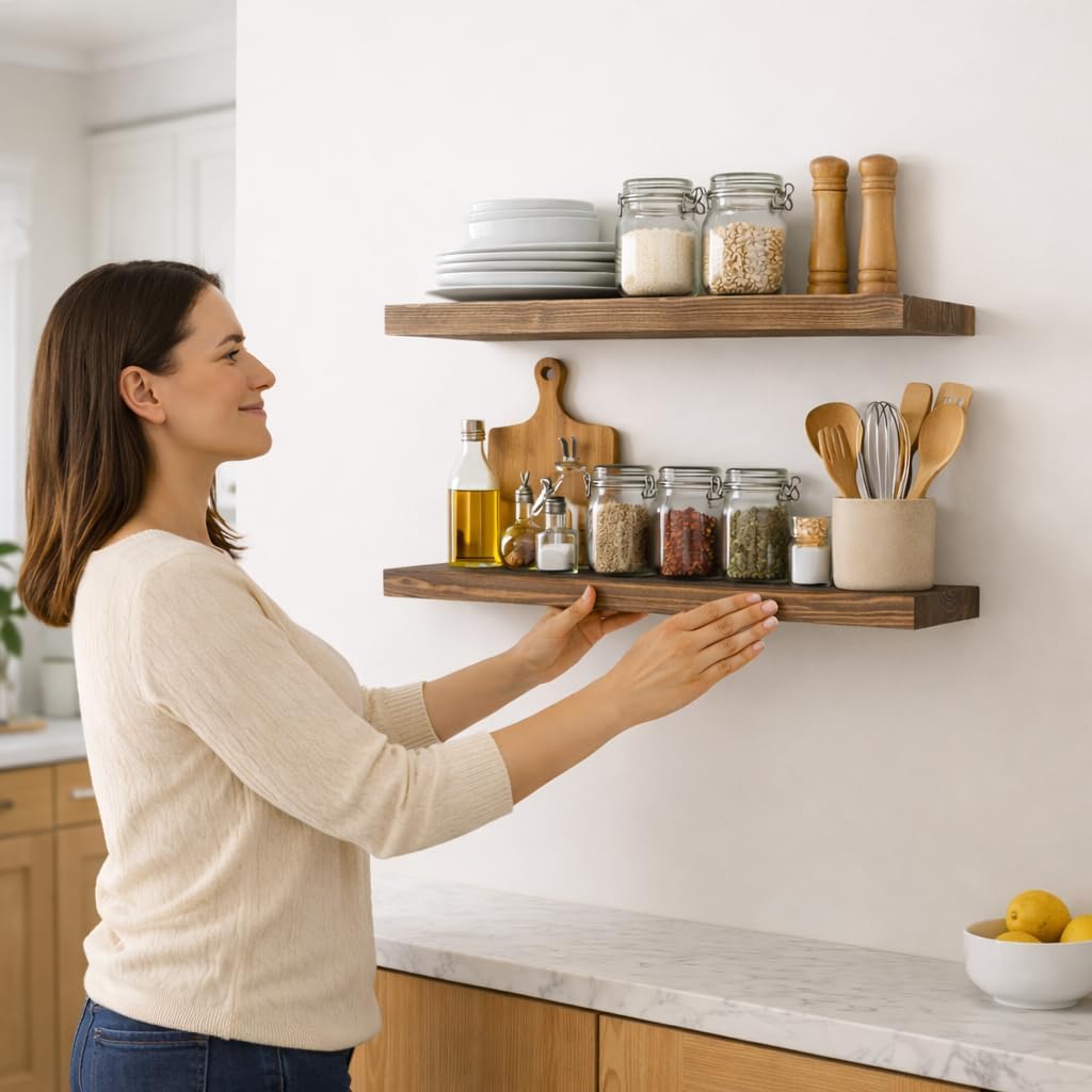 BGMG Wood Floating Shelves for Wall 24 inch Set of 2, Rustic Wooden Wall Mount Shelves for Bathroom Living Room Bedroom Kitchen Farmhouse -24x6.7-Dark Walnut - Image 5