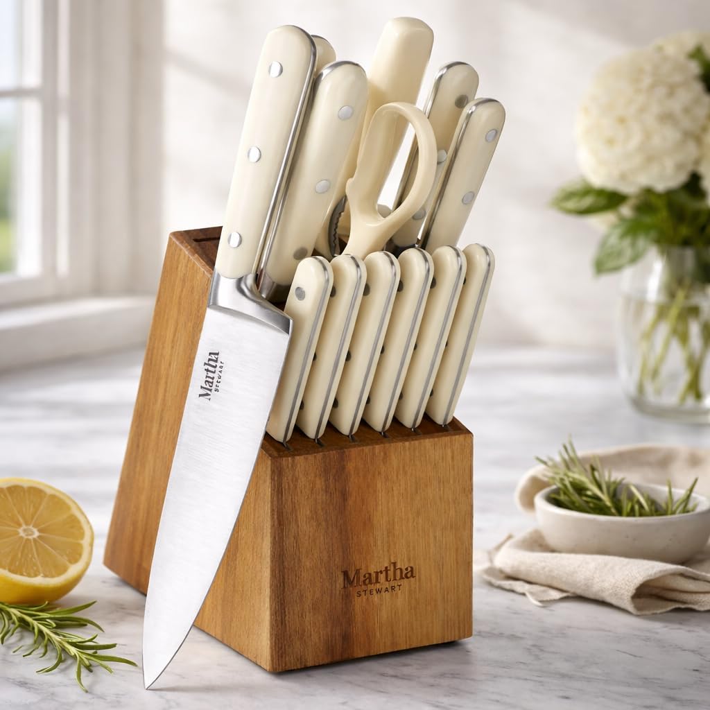 MARTHA STEWART Eastwalk 14 Piece High Carbon Stainless Steel Cutlery Kitchen Knife Block Set w/ABS Triple Riveted Forged Handle Acacia Wood Block - Linen White - Image 2
