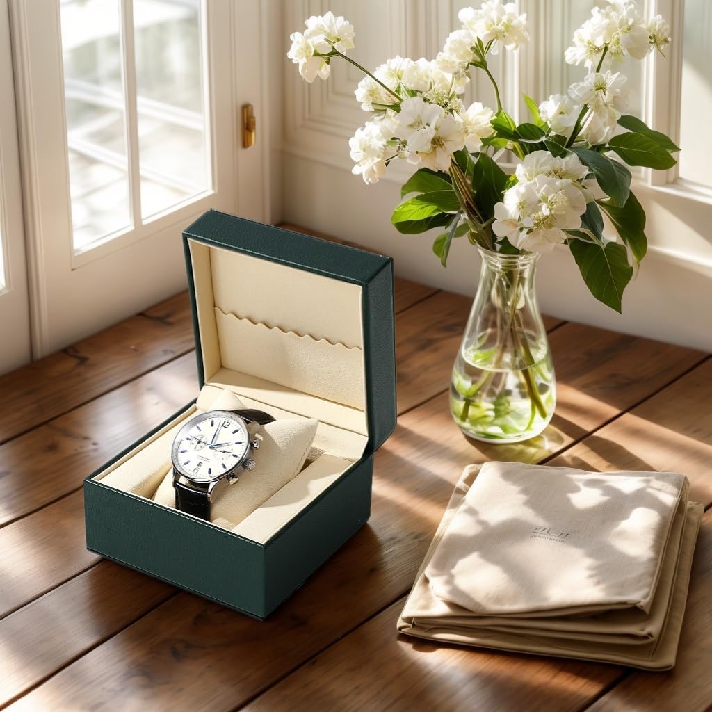 Single Watch Box, PU Leather Luxury Case for Gift & Storage Green | Premium Soft Microfiber Lining, Removable Watch Pillow, Sturdy Hinged Design, For Travel, Fits Most Standard Wristwatches - Image 3