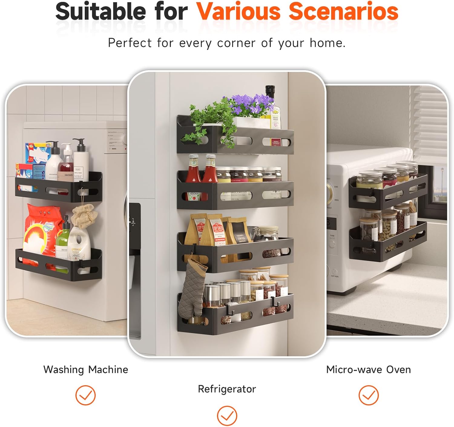 Sevenblue 4-Pack Magnetic Spice Rack for Refrigerator with Hooks, Black | Strong multipurpose magnetic shelf for kitchen & bathroom organization. Includes 4 removable hooks for hanging items. - Image 6