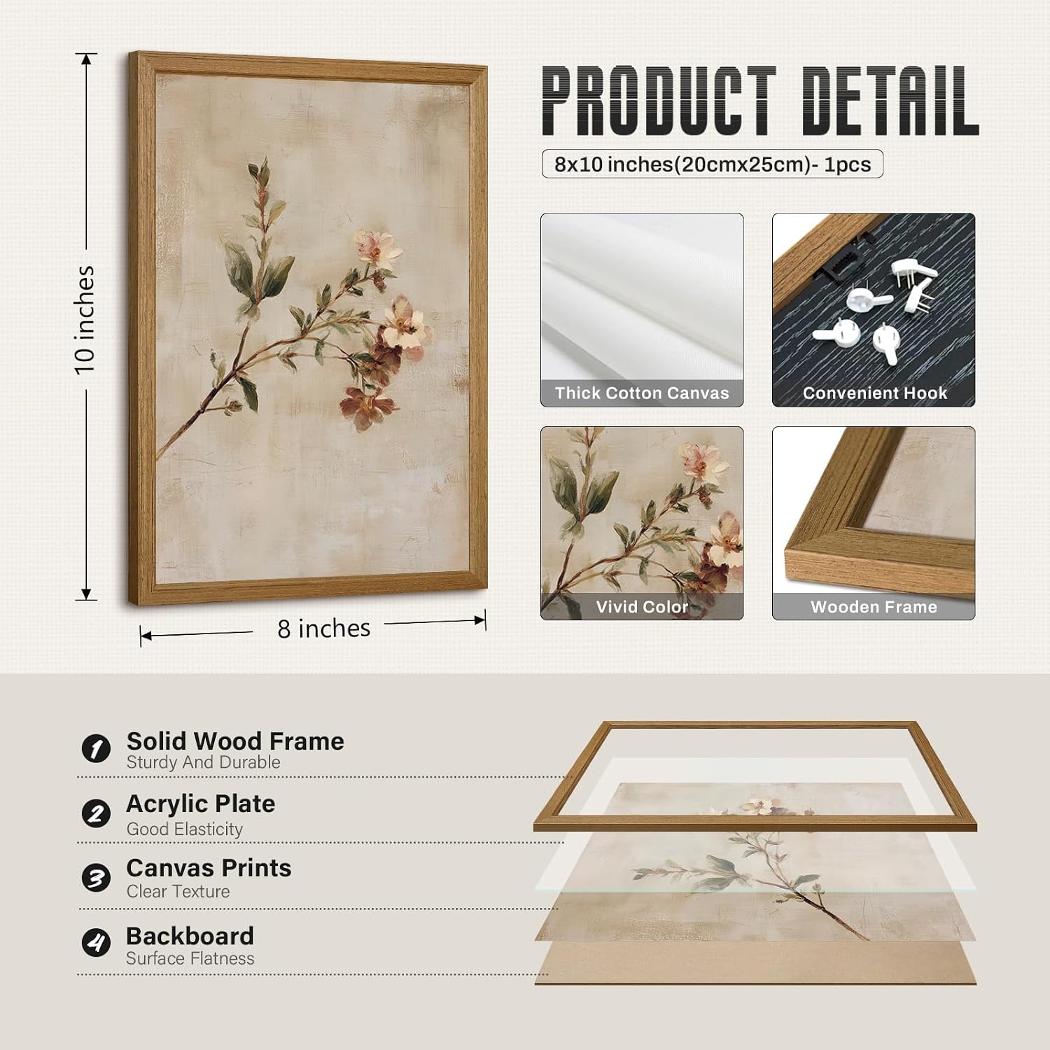 Vintage Botanical Wall Decor Wildflower Canvas Wall Art Floral Prints Farmhouse Poster Rustic Flower Pictures Retro Neutral Floral Artwork for Living Room Bedroom 8x10 Inch Framed - Image 2