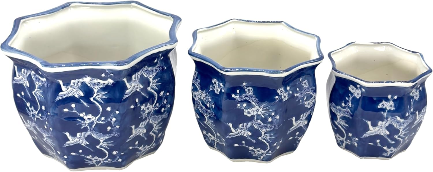 Galt International White & Blue Crane Round Fluted Floral Porcelain Ceramic Plant Flower Planter Pot Set of 3 (7.5", 10", 13") Garden Pots Chinese Asian Design - Image 7
