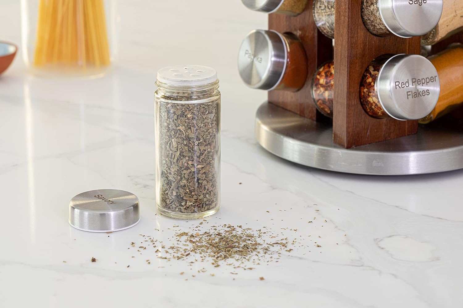Orii 20 Jar Rotating Dark Acacia Wood Spice Rack with Spices Included & 5-Year Spice Refill Program – Rustic Wood Countertop Spice Rack with Glass Jars - Image 5