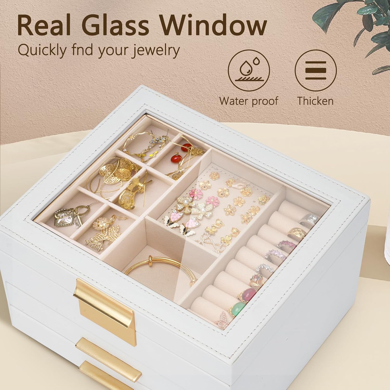 Jewelry Box for Women, 3-Layer Jewelry Box, Jewelry Organizer with Clear Glass Lid and Drawers, Jewelry Organizers and Storage for Necklaces, Rings, Earrings, Bracelets(White) - Image 6
