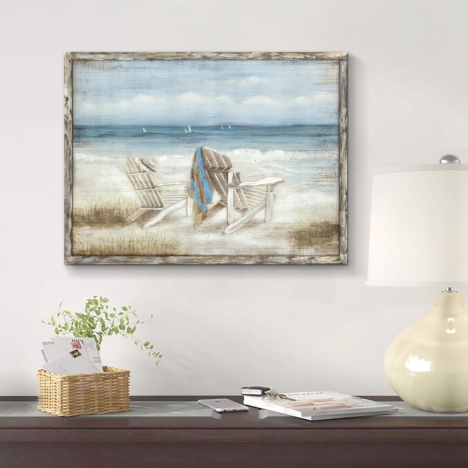 Abstract Seascape Framed Wall Art: Beach Chair on Sand Hand Painted Painting Print for Bedroom (24" W x 18" H, Multiple Sizes/Material) - Image 2