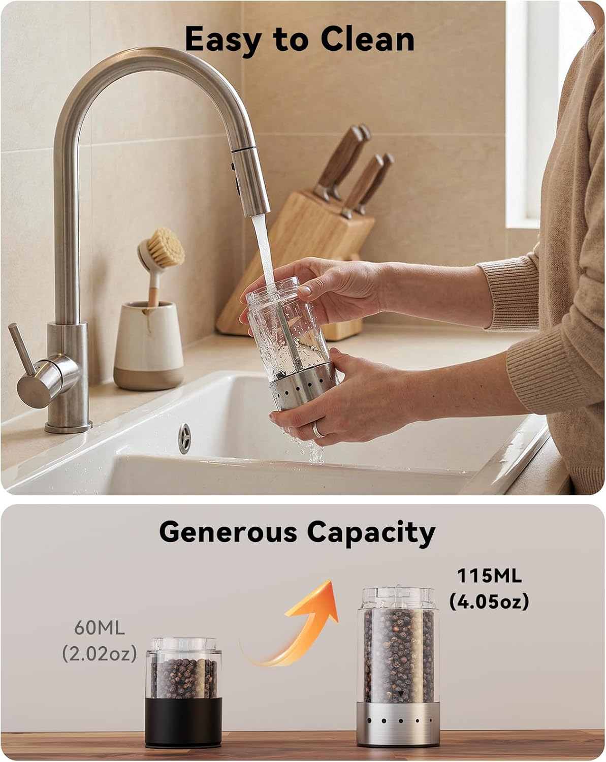 TOMEEM Rechargeable Electric Salt and Pepper Grinder Set, 115ml Large Capacity Stainless Steel Automatic Pepper Mill with Storage Base, LED Display and Light (Silver, Black Storage Base) - Image 5