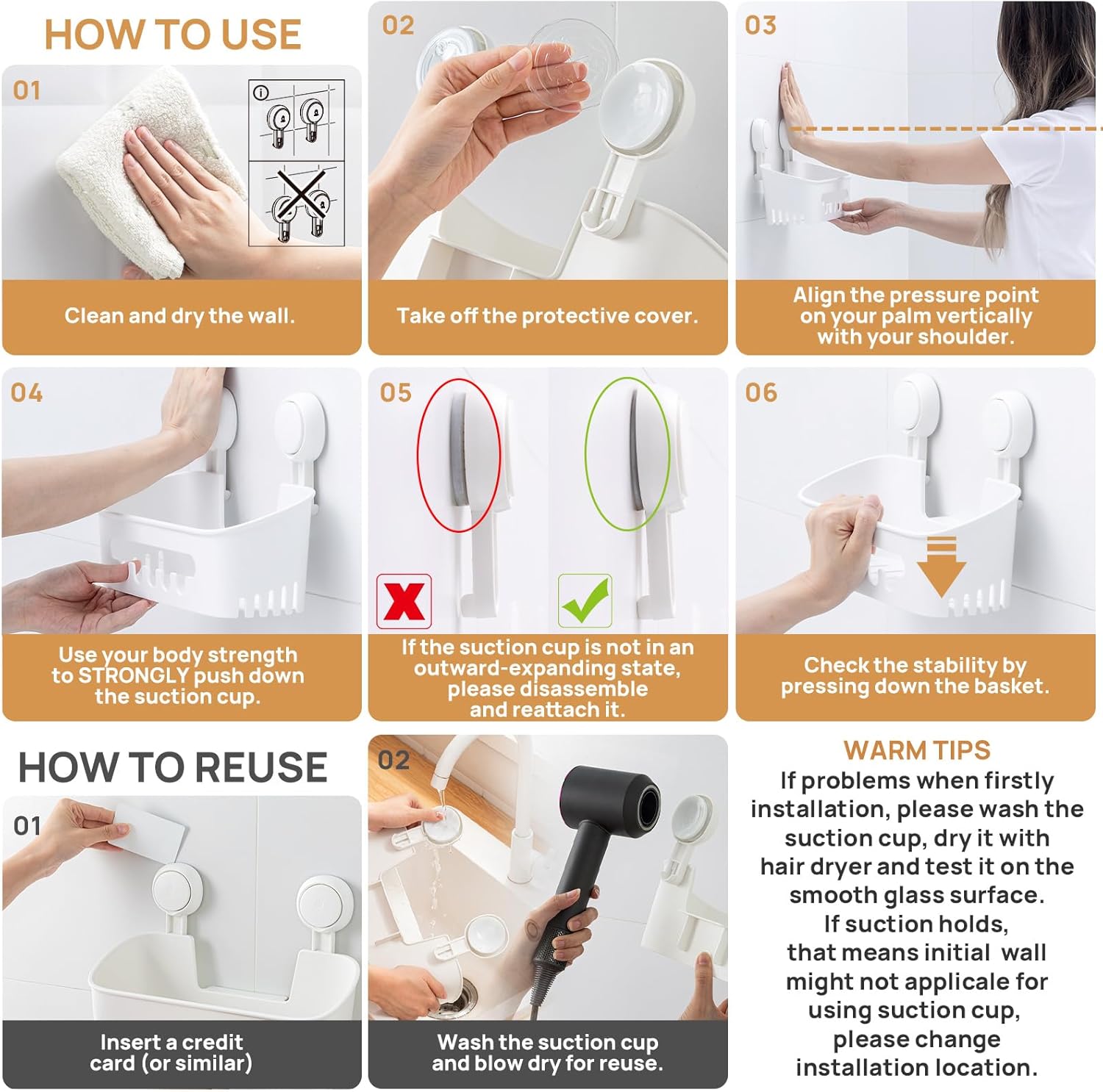 LEVERLOC Shower Caddy Suction Cup, Shower Organizer Removable Bathroom Shelf, Storage Suction Powerful Max Hold 22lbs Bathroom Caddy Waterproof Holder, White - Image 3
