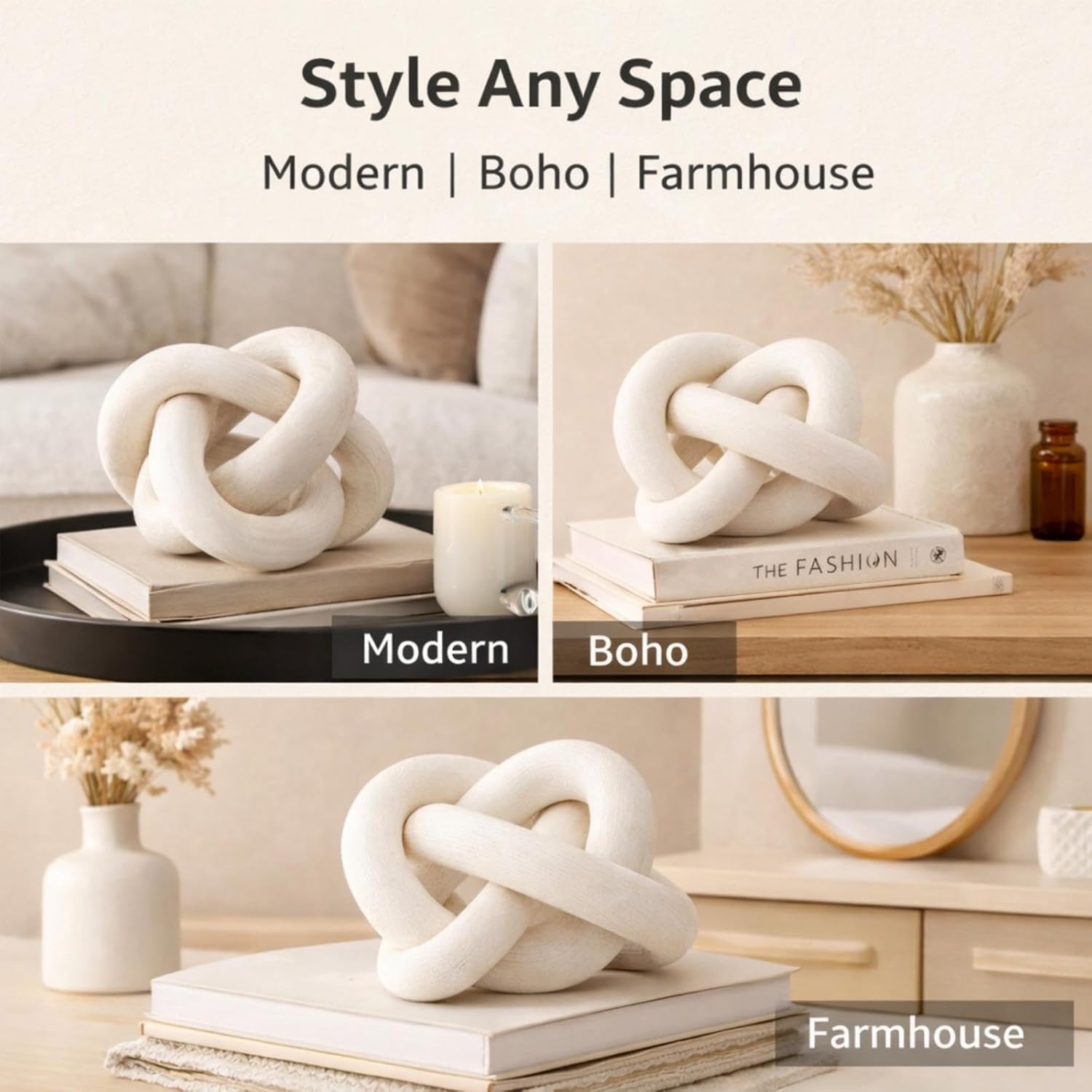Yalikop 3 Link Wood Knot Decor Rustic Home Décor Accents Hand Carved Coffee Table Decoration, Boho Chain Link Decoration, Modern Shelf, Rustic Objects for Home Living Room Bedroom(White) - Image 6
