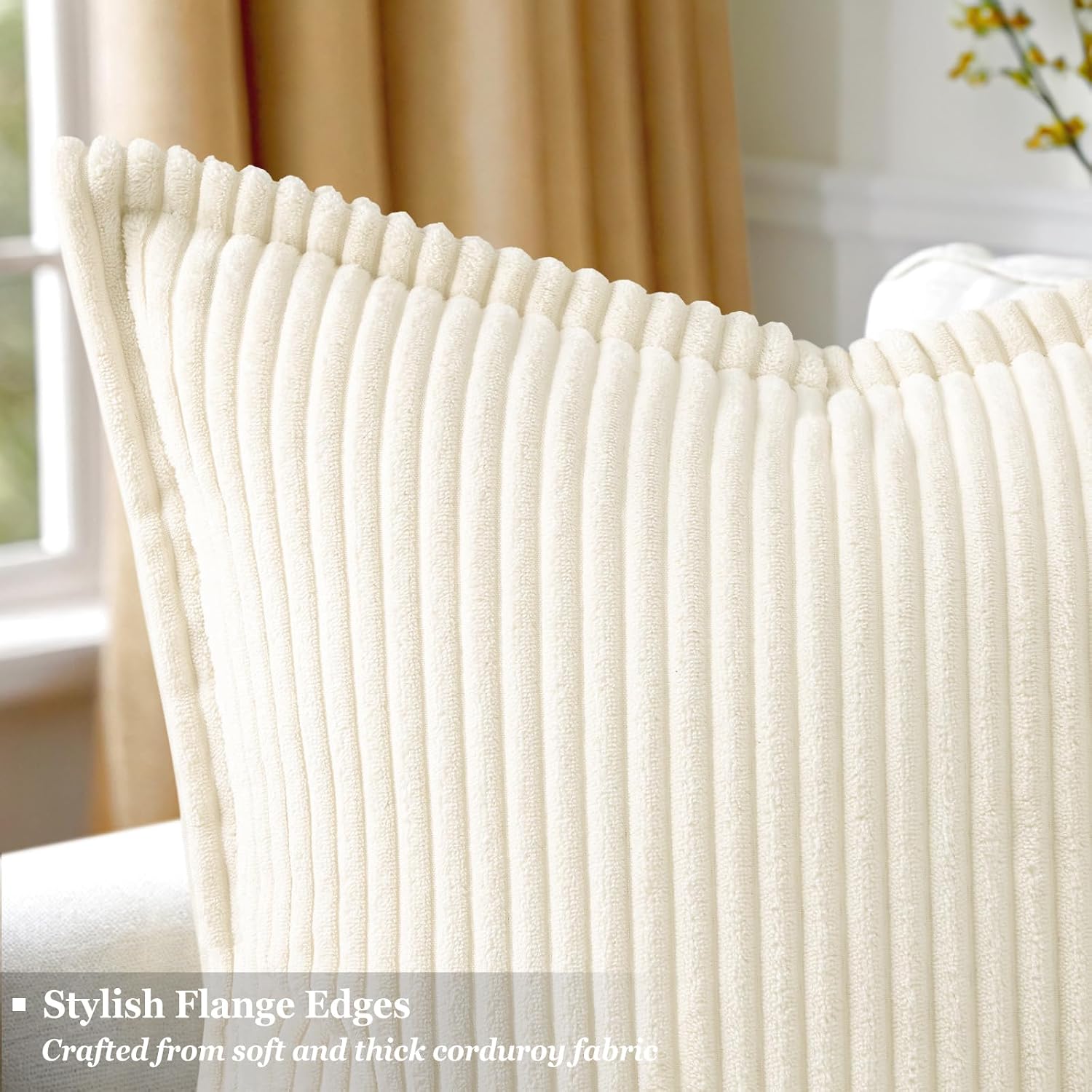 decorUhome Fall Corduroy Cream White Throw Pillow Covers 18x18 Set of 2 Decorative Soft Boho Farmhouse Couch Pillow Covers for Living Room Bed Sofa Broadside Striped Pillow Cases - Image 2