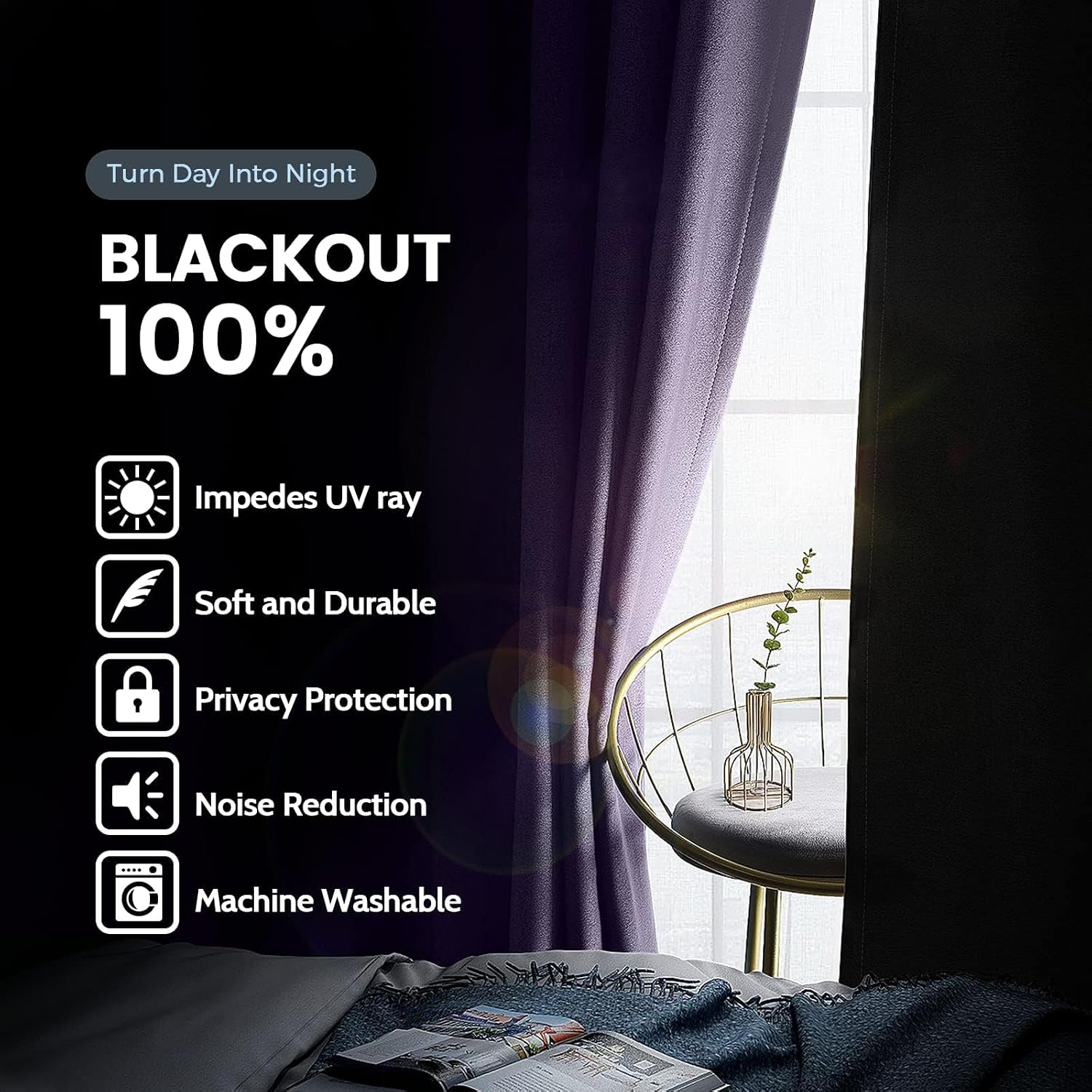 SimpleHome Lilac 100% Blackout Curtains Room Darkening Living Room 63 Inch | Curtains for Bedroom,Thermal Insulated Grommet Window Drapes,Curtains for Living Room with Black Back,38 x 63 Inch,2 Panels - Image 3