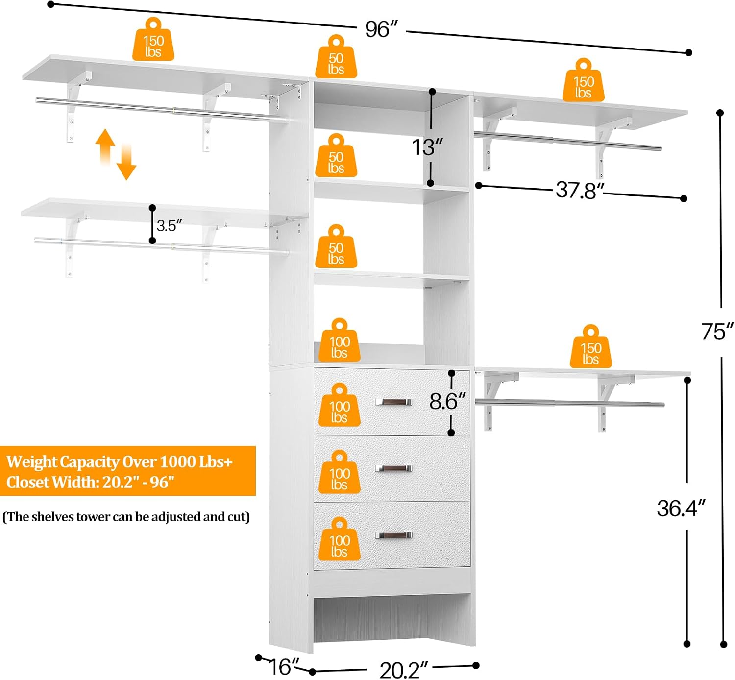 Besiost Closet System with Drawer - 8FT Wood Closet Organizer System with 3 Hanging Rods and Shelving Tower, 96" Walk In Closet Organizer Wardrobe, Heavy Duty Garment Rack Clothes Rack, White - Image 3