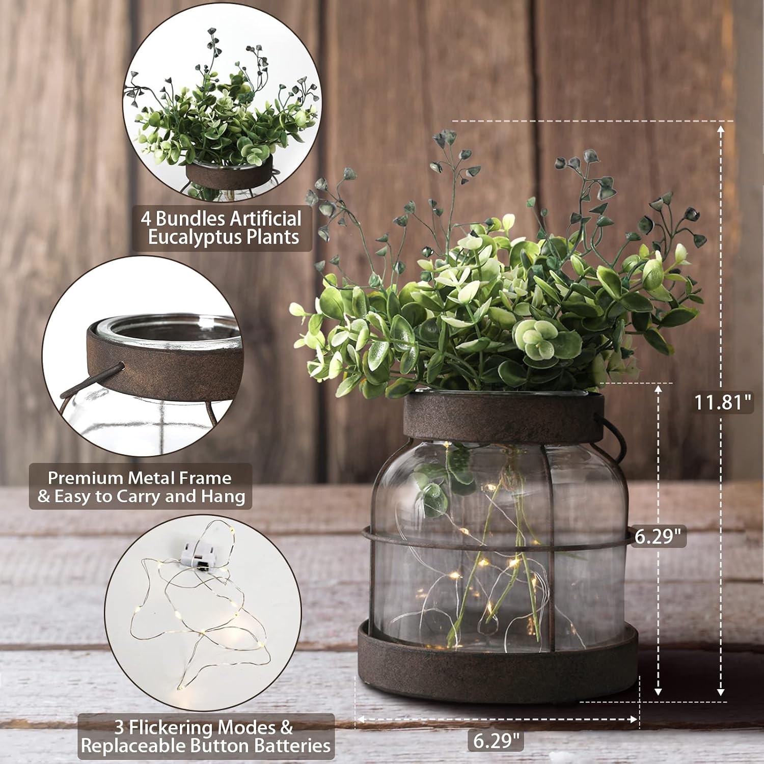 Vintage Glass Farmhouse Vase, Rustic Lantern Decor with Plants Flowers Lights Vintage Style Vases for Home Decor Floral Arrangement Hostess Gift - Image 4