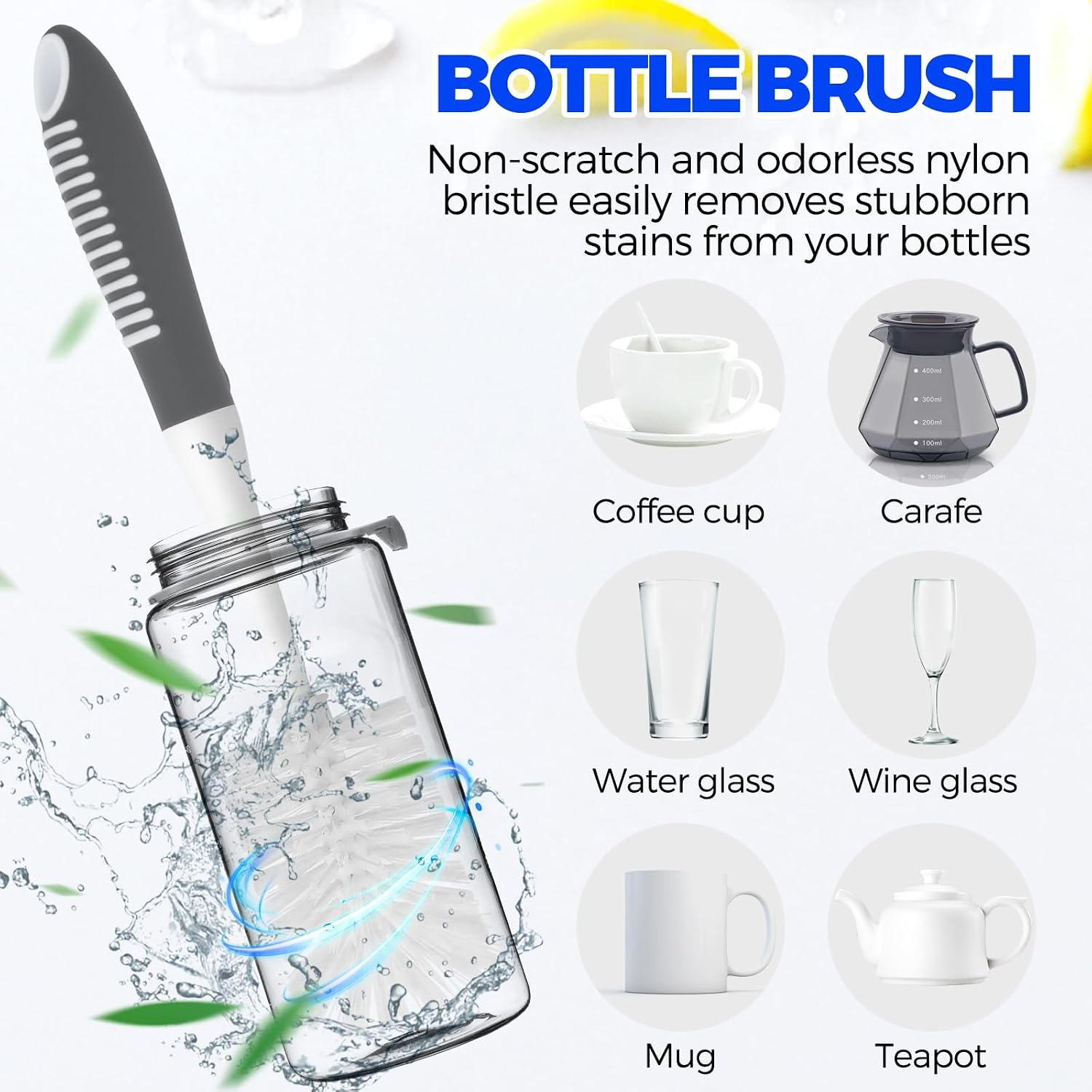 Holikme 6 Pack Dish Brush Set with Bottle Brush, Dish Scrub Brush, Pan Brush and 3 Straw Brushes, Deep Cleaning Handle Brush with Scraper Tip for Kitchen Sink Dishes Bottle Cup Pot and Pans (Gray) - Image 4