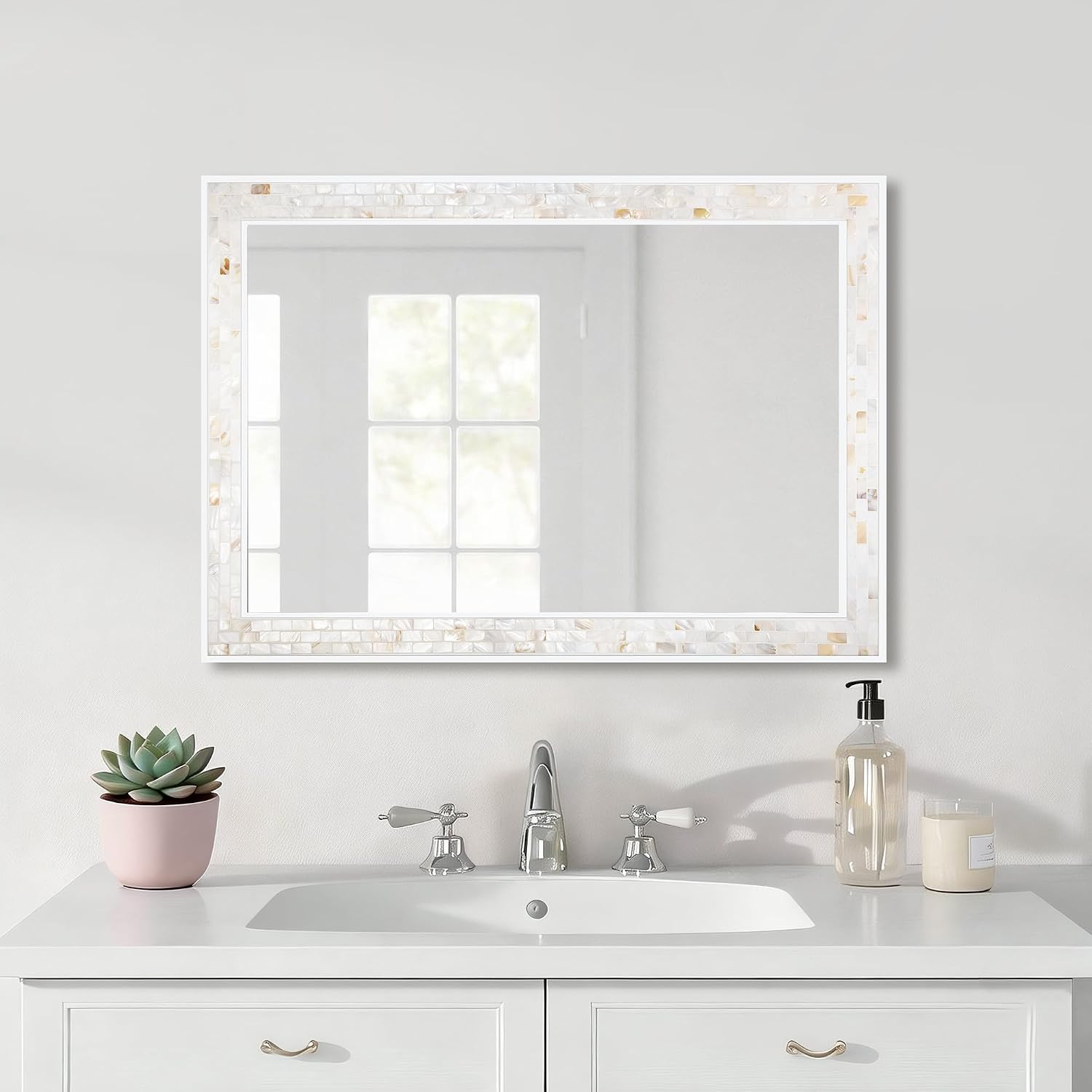 20x28 Inch Mosaic Rectangle Mirrors for Wall | Handcrafted Natural Shell Mosaic Border, Horizontal & Vertical Mount Decor Mirror for Bathroom Entryway Bedroom - Image 5