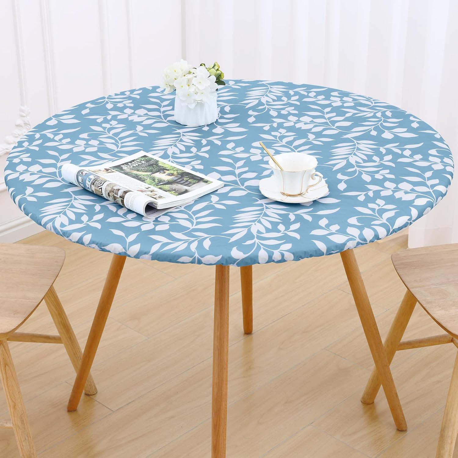 Smiry Round Picnic Tablecloth, Waterproof Elastic Fitted Table Covers for 45" - 56" Tables, Wipeable Flannel Backed Vinyl Tablecloths for Camping, Indoor, Outdoor, Baby Blue - Image 6