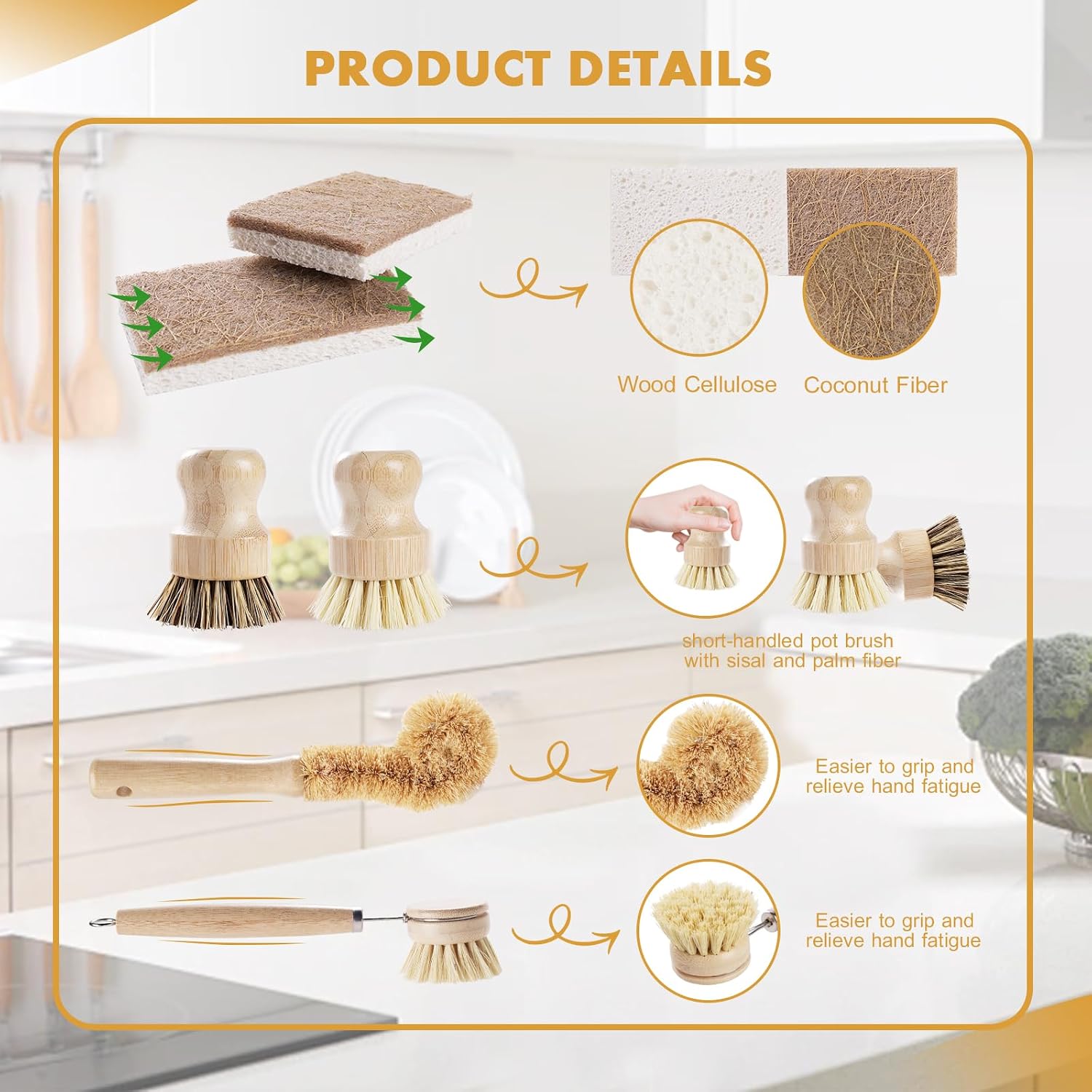 DEBETOOL 6 Piece Bamboo Dish Brush Set with Coconut Sponge - Wooden Dish Brush with Sisal and Palm Fiber, Natural Bamboo Dish Scrub Brush for Kitchen Cleaning Dishes, Pots, Pans, Bottles, Vegetables - Image 4