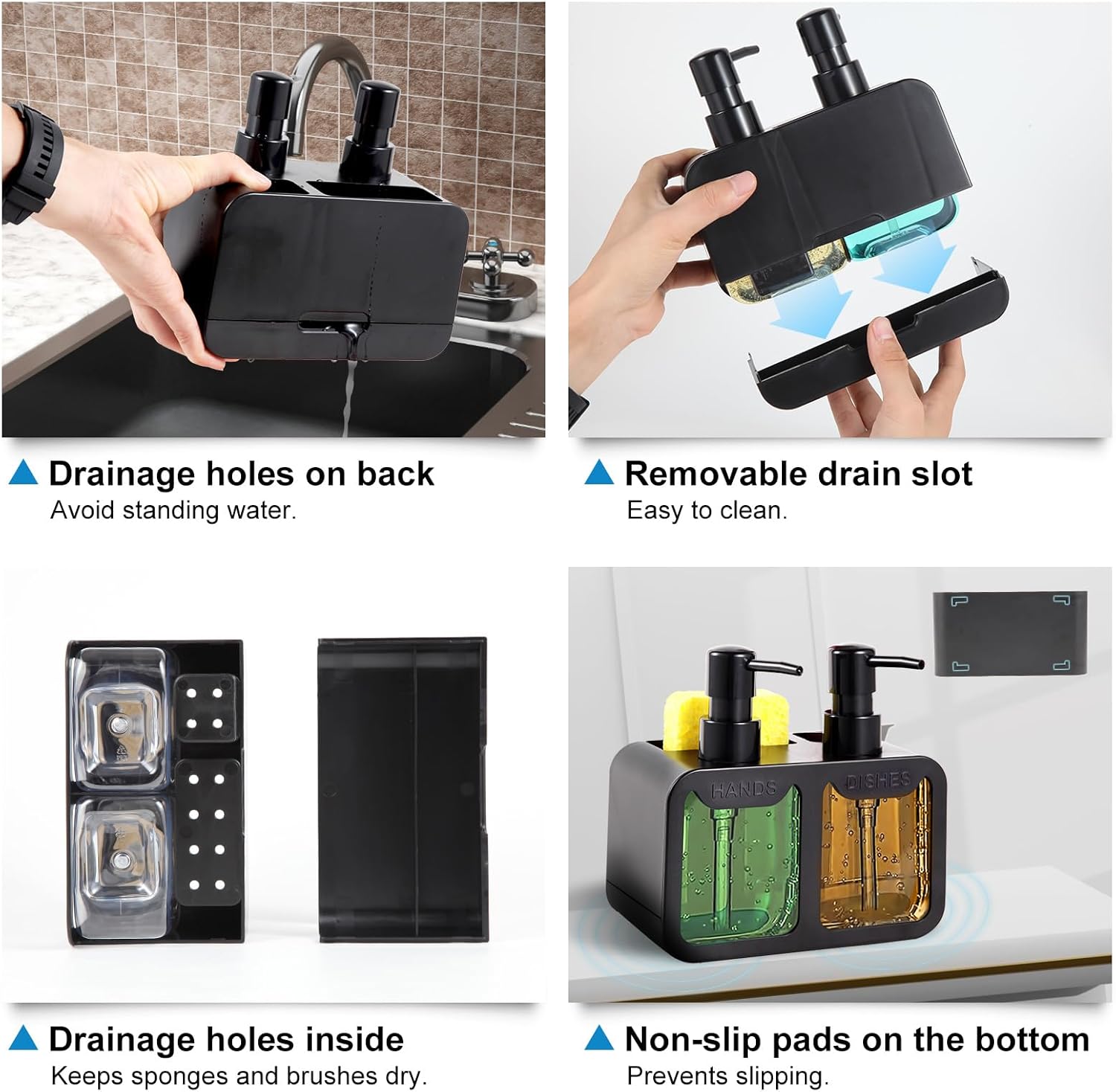 Kitchen Soap Dispenser Set, with Hand and Dish Soap, Sponge Caddy and Brush Holder 4-in-1 Kitchen Dual Soap Dispenser Set for Kitchen Sink, Bathroom - Black - Image 5
