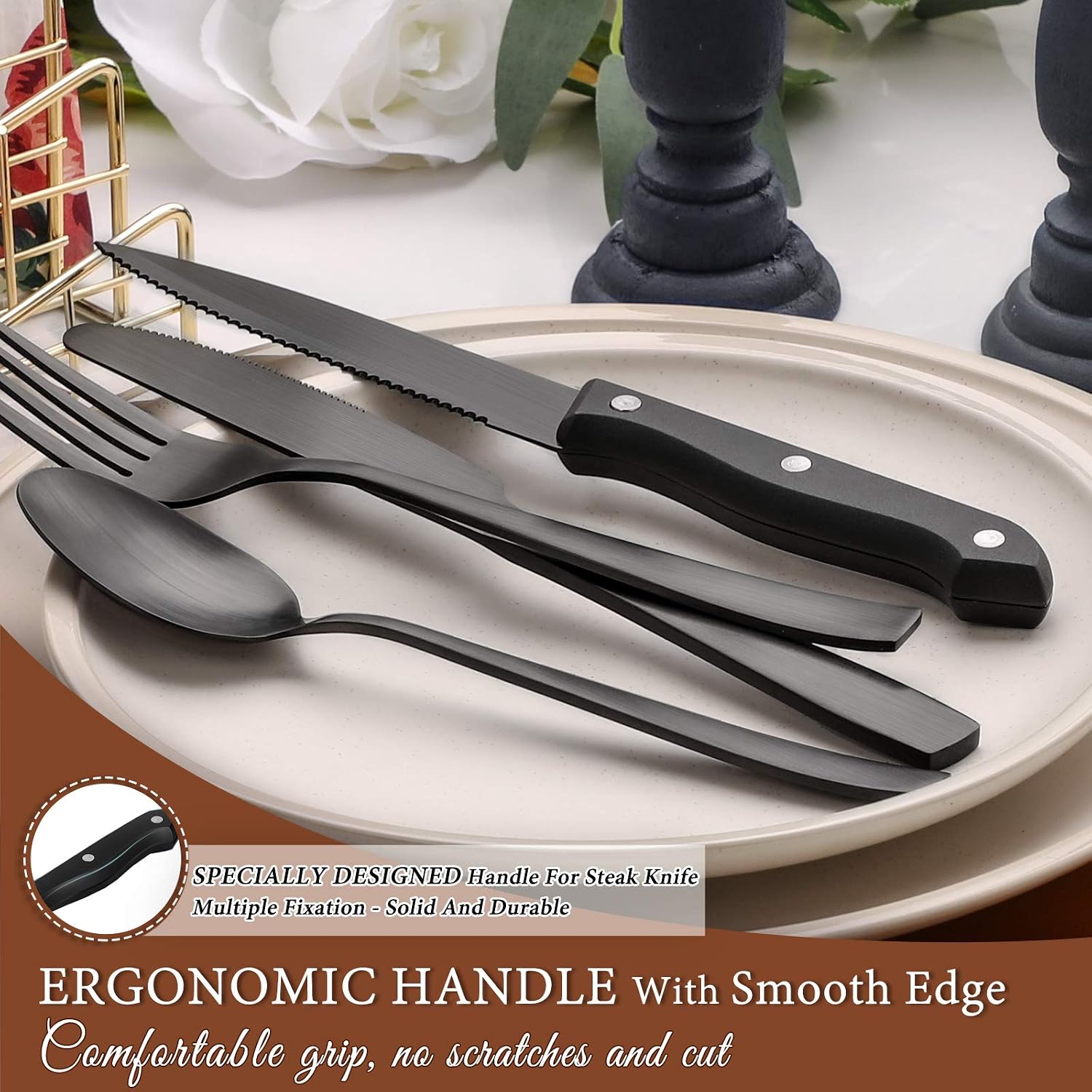 Hiware 24 Pieces Matte Black Silverware Set with Steak Knives for 4, Stainless Steel Flatware Utensils Set, Hand Wash Recommended - Image 5