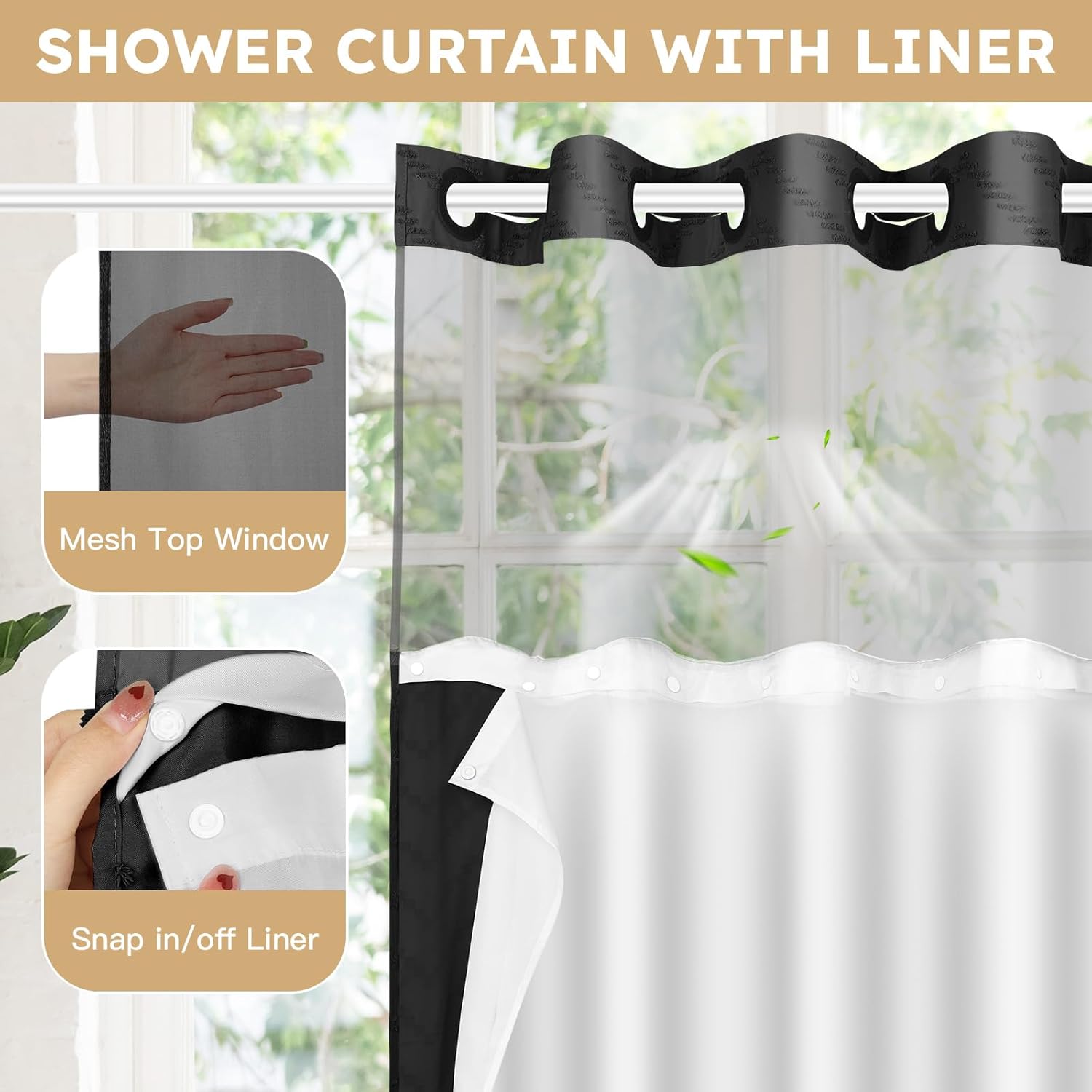 FADOTY No Hook Shower Curtain and Liner Set, Black Snap in Shower Curtain Ringless Chevron Tufted Cloth Waterproof Washable Fabric Bath Curtain with See Through Top Window for Bathroom Hotel 71" x 74" - Image 3
