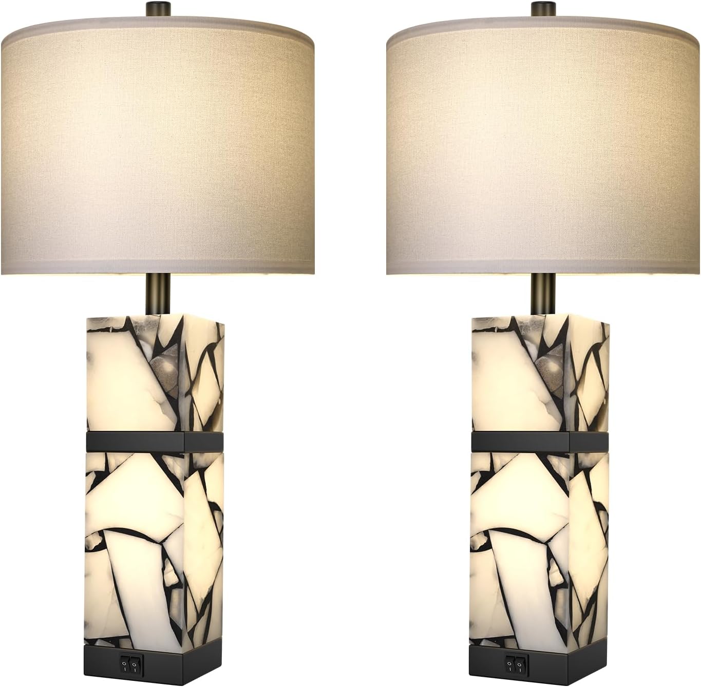 Scenekoy 27" Alabaster Table Lamps Set of 2 with Night Light for Living Room Bedroom, Nightstand Lamps with Linen Shade, Modern Bedroom Lamps with USB A+C Ports for Living Room Office (Bulb Included) - Image 8
