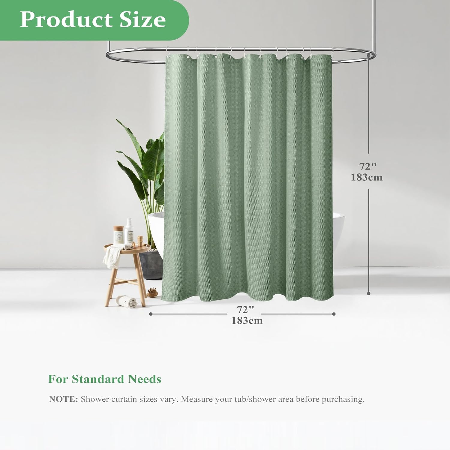 Dynamene Sage Green Shower Curtain - Waffle Textured Heavy Duty Thick Fabric Shower Curtains for Bathroom, 256GSM Luxury Weighted Polyester Cloth Bath Curtain Set with 12 Plastic Hooks,72Wx72H,Green - Image 9