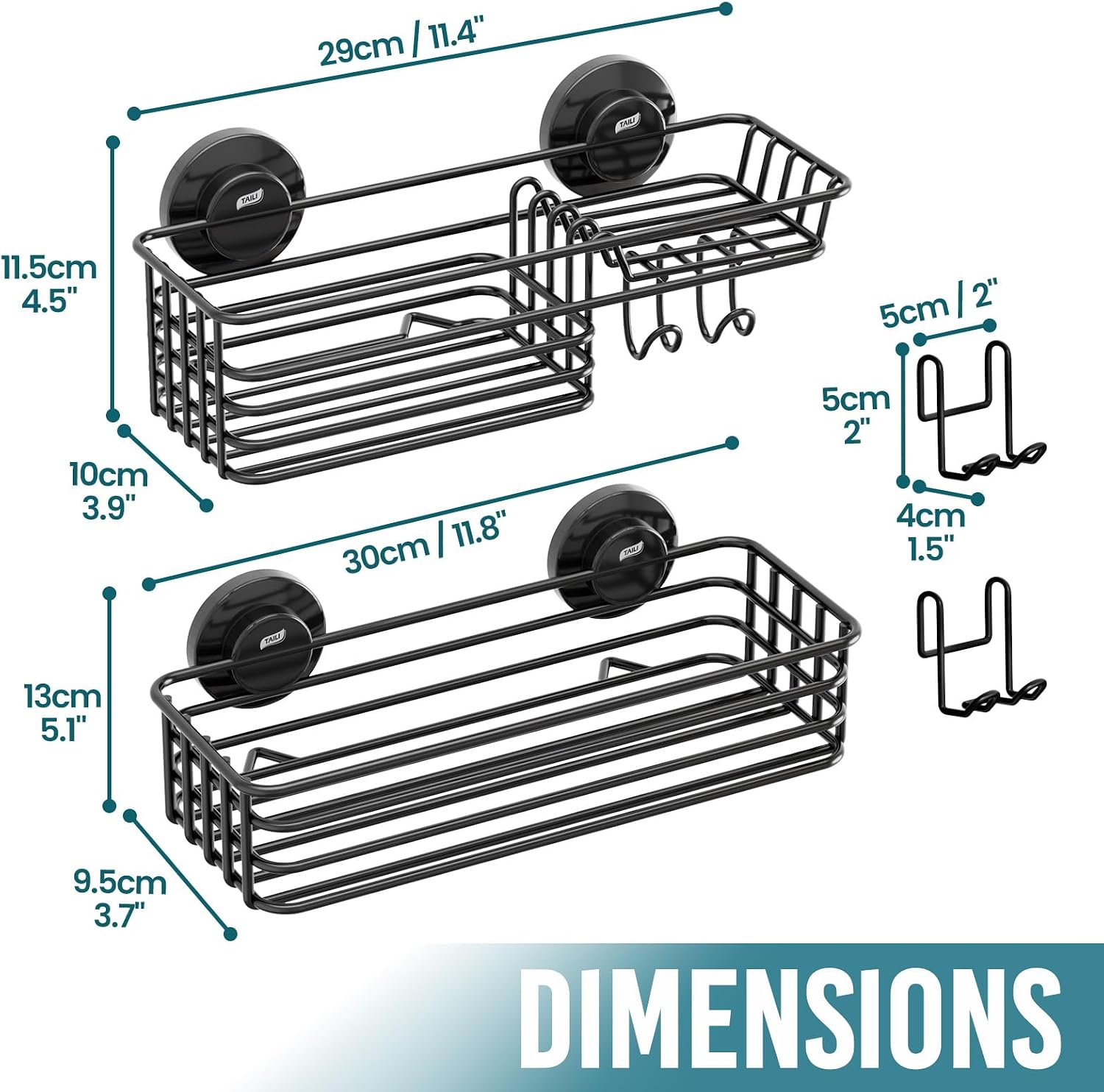 TAILI Shower Caddy Suction Cup 2 Pack with Hooks & Soap holder, Heavy Duty Shower Organizer for Bathroom, No Drilling Bathroom Organizer with Large Capacity, Black Metal Storage Basket - Image 5